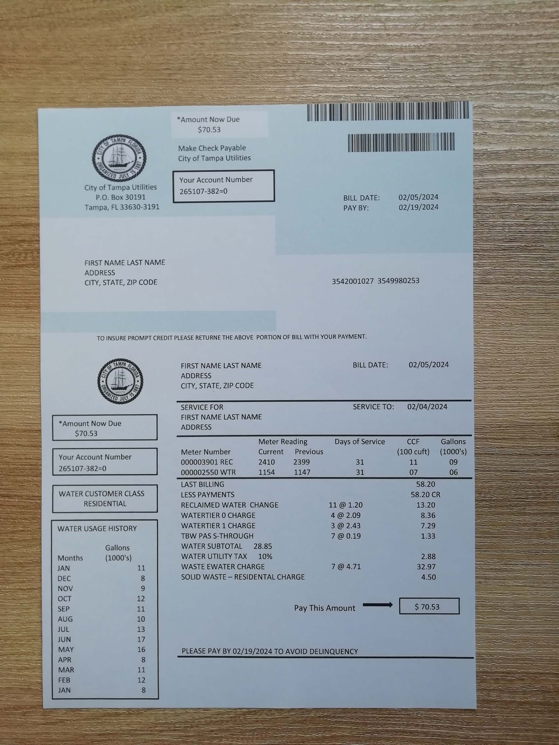 Florida Authentic printed Tampa bill from {State} – proof of address example