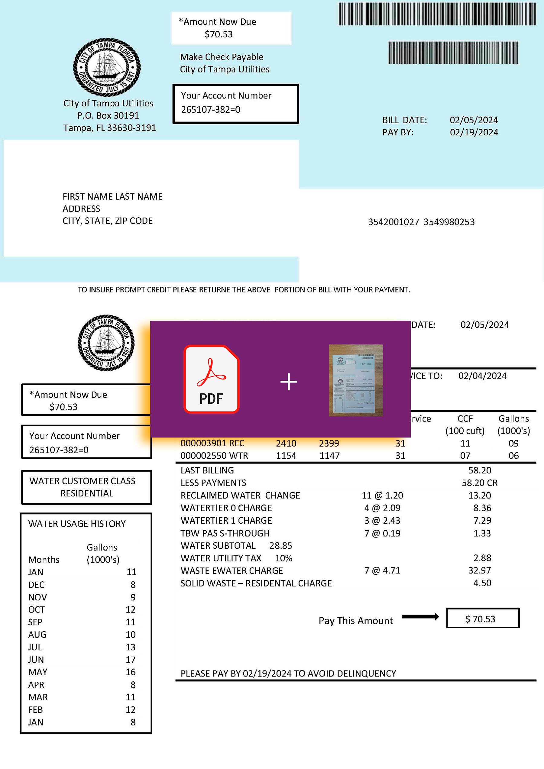 Downloadable {utility type} bill from Tampa, {State} – banner included