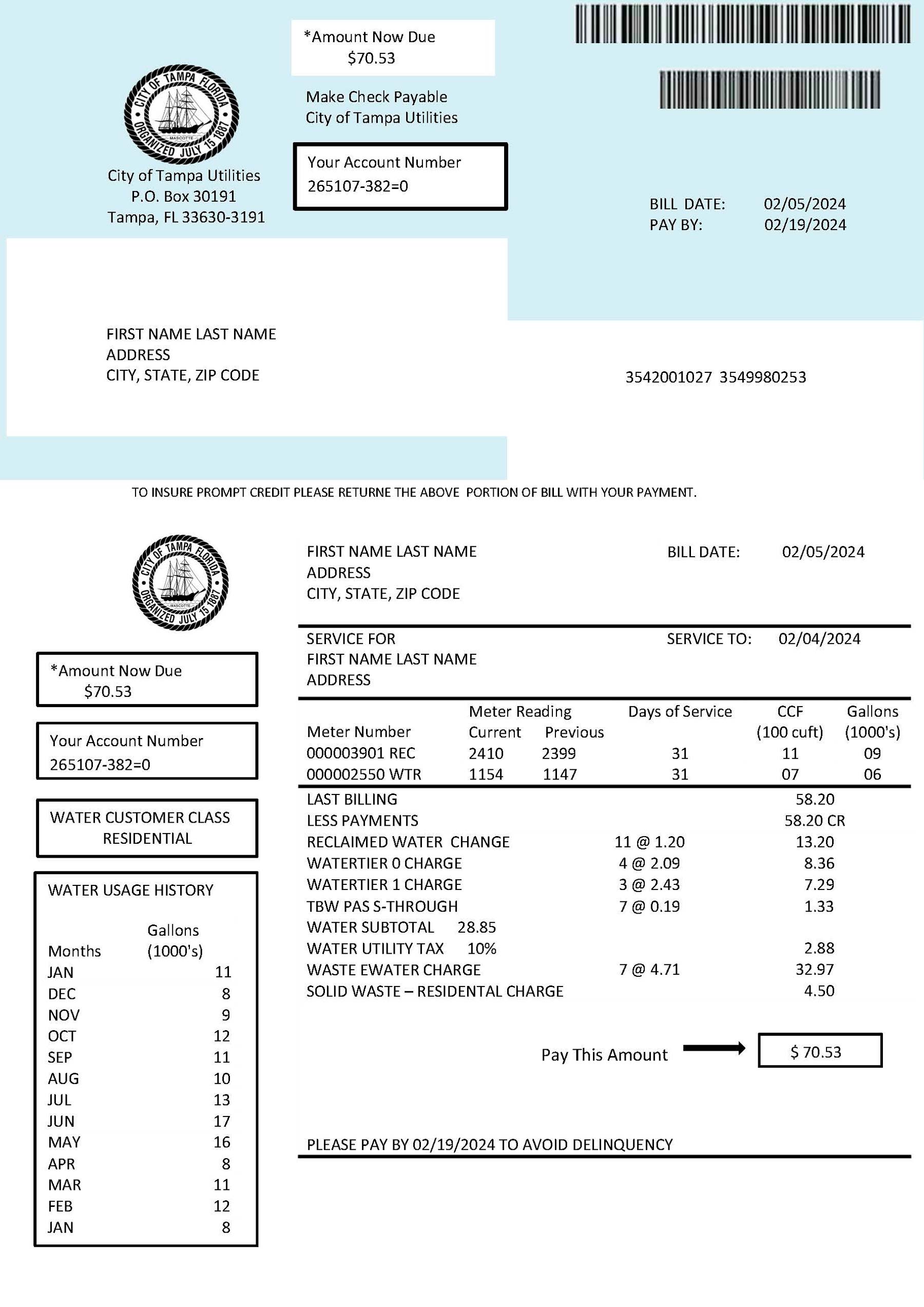Tampa {utility type} statement from Florida – modifiable PDF template