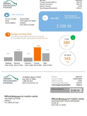 Green Mountain Editable {utility type} bill template – {State} {Provider} sample in PDF