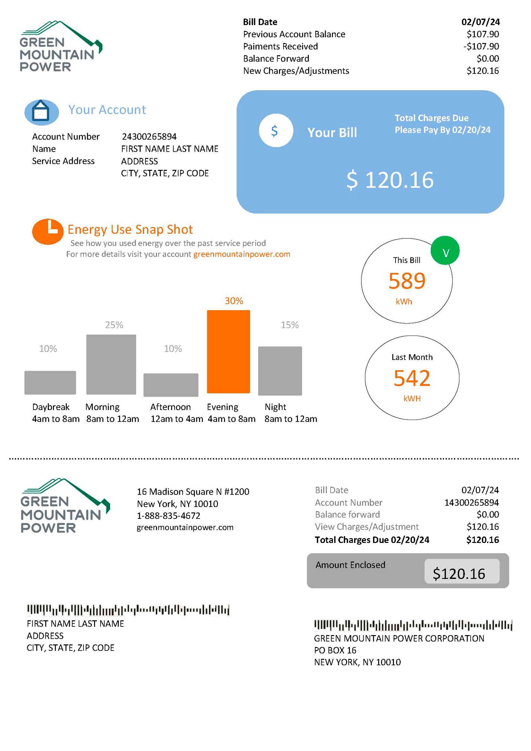 Green Mountain Editable {utility type} bill template – {State} {Provider} sample in PDF