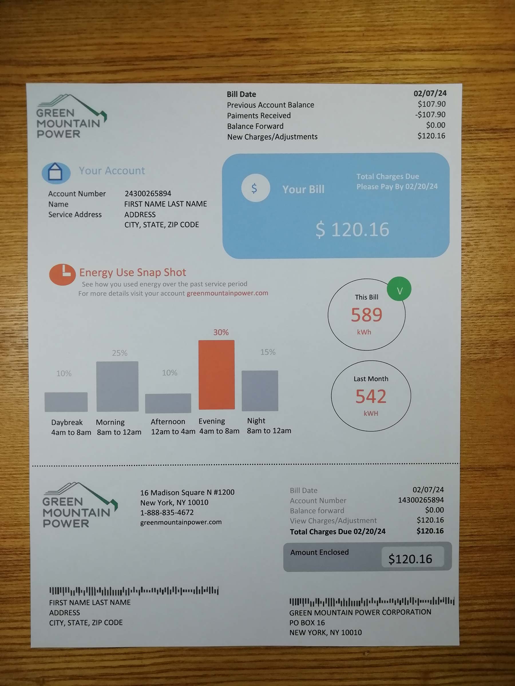 Printed {State} {Provider} utility bill – real photo for document verification