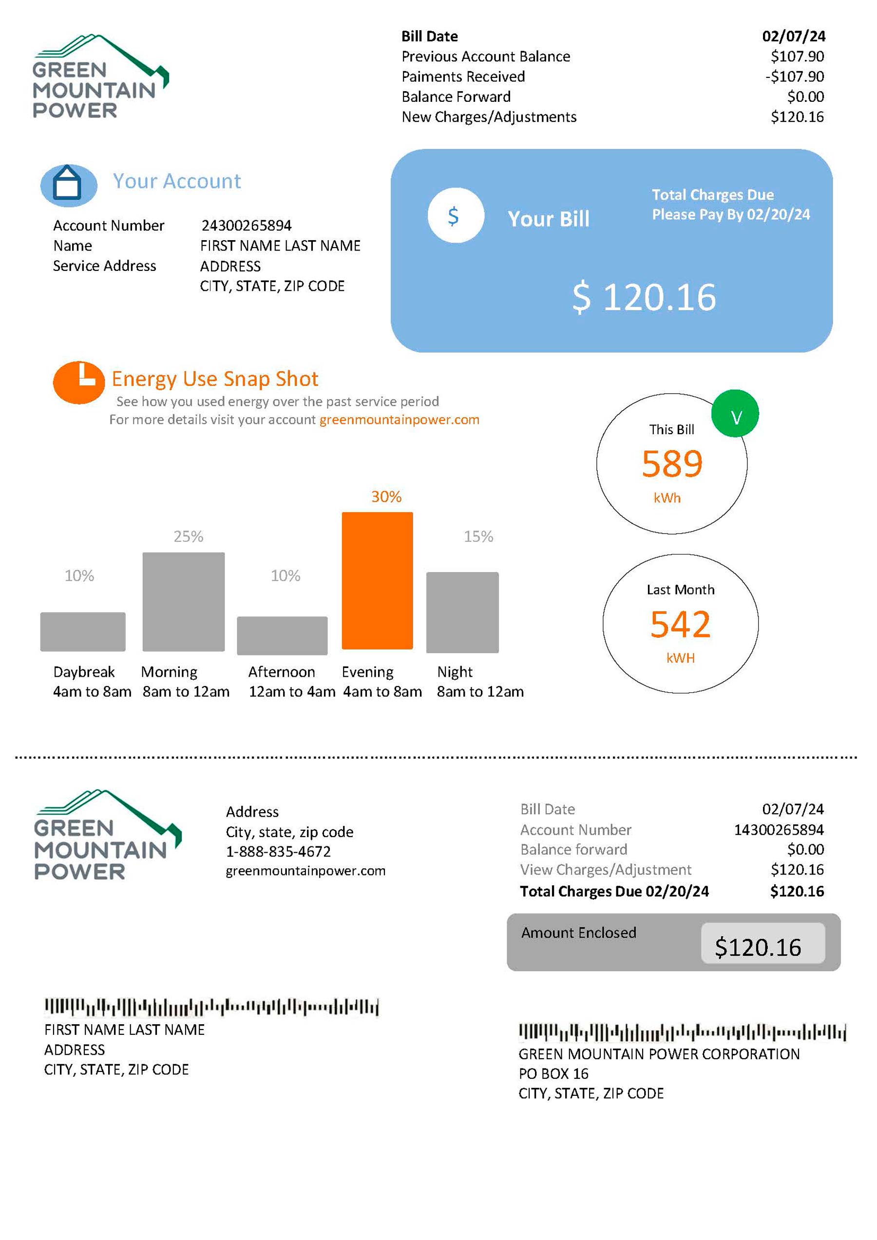Clean layout of Green Montain {utility type} bill – editable {State} version
