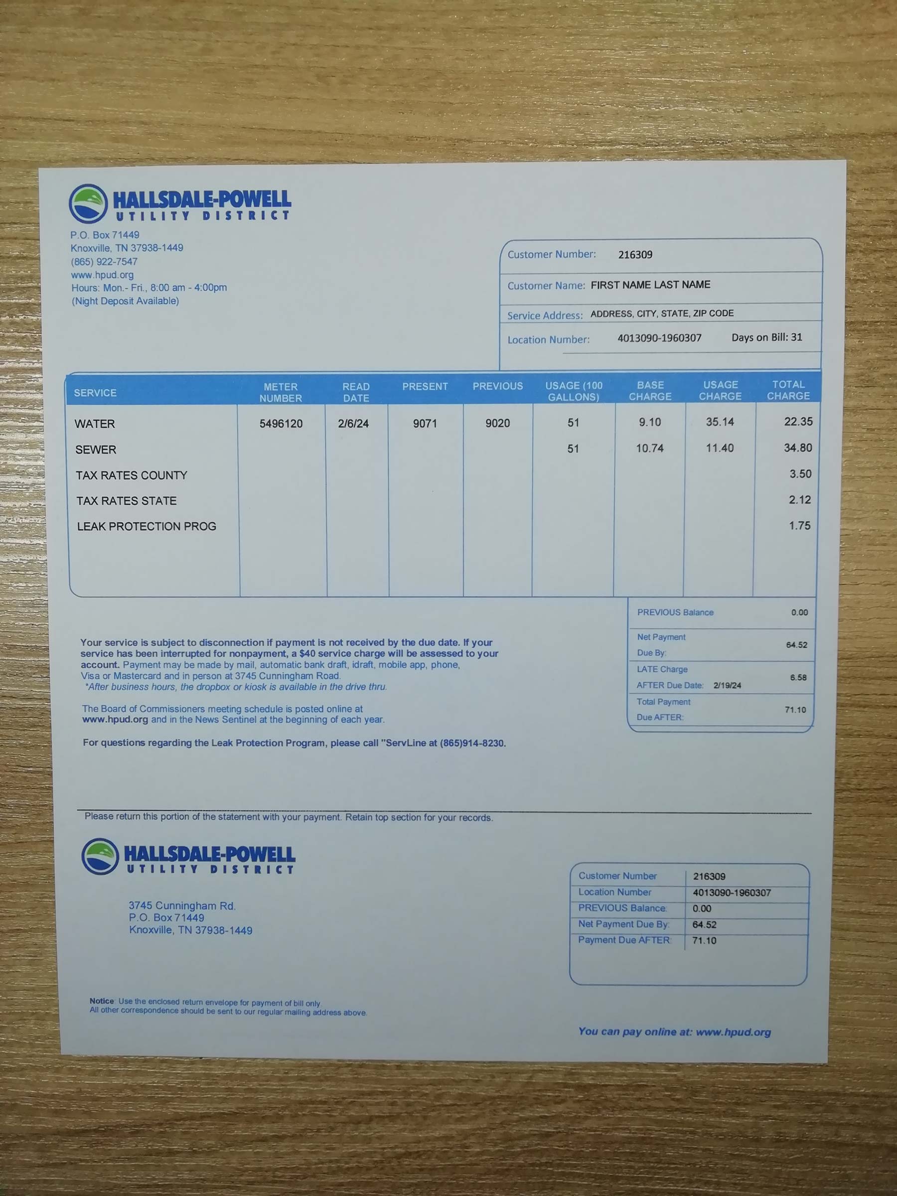 Tennesse Visual example of printed {Provider} utility bill in {State}