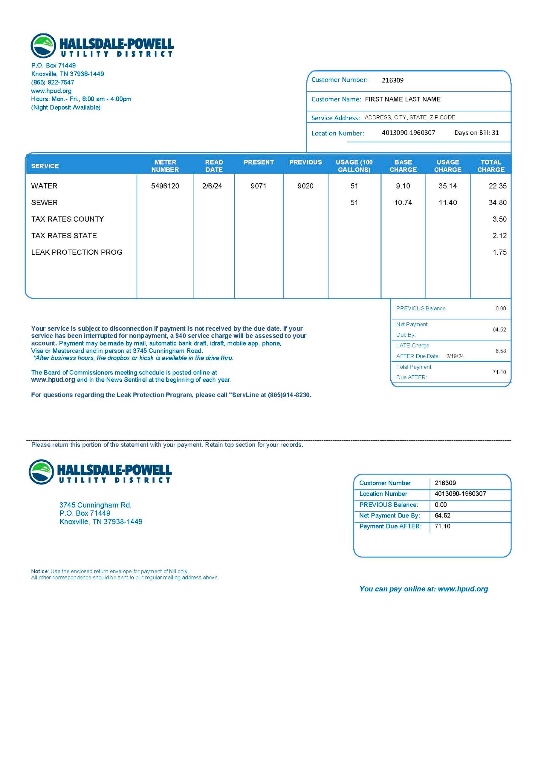 Tennesse {Provider} utility bill from {State} – customizable PDF for address proof