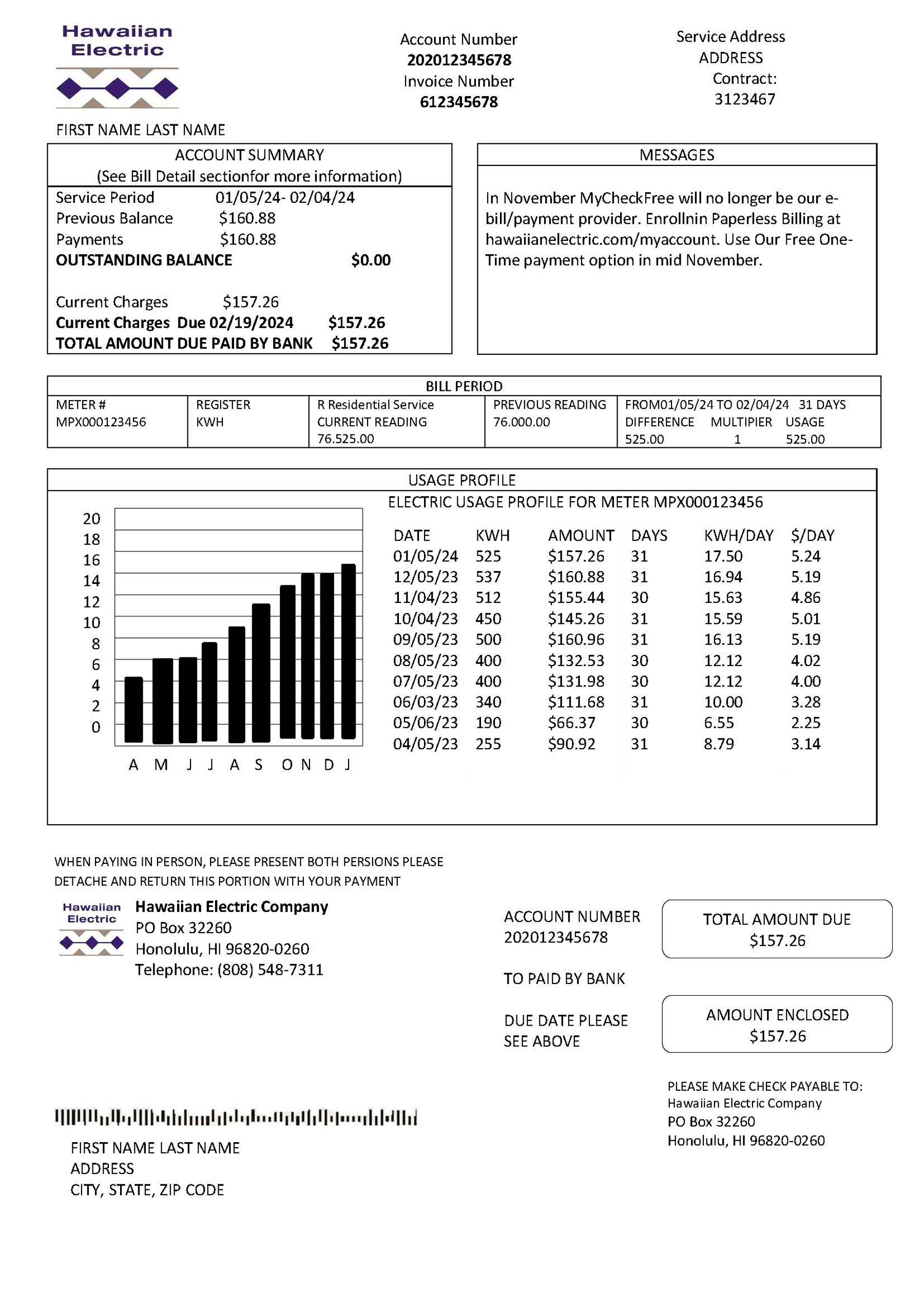 Hawaii Clean layout of {Provider} {utility type} bill – editable {State} version