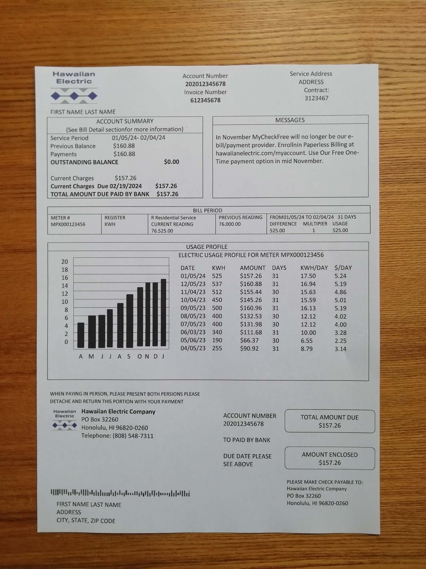 Hawaii Visual example of printed {Provider} utility bill in {State}
