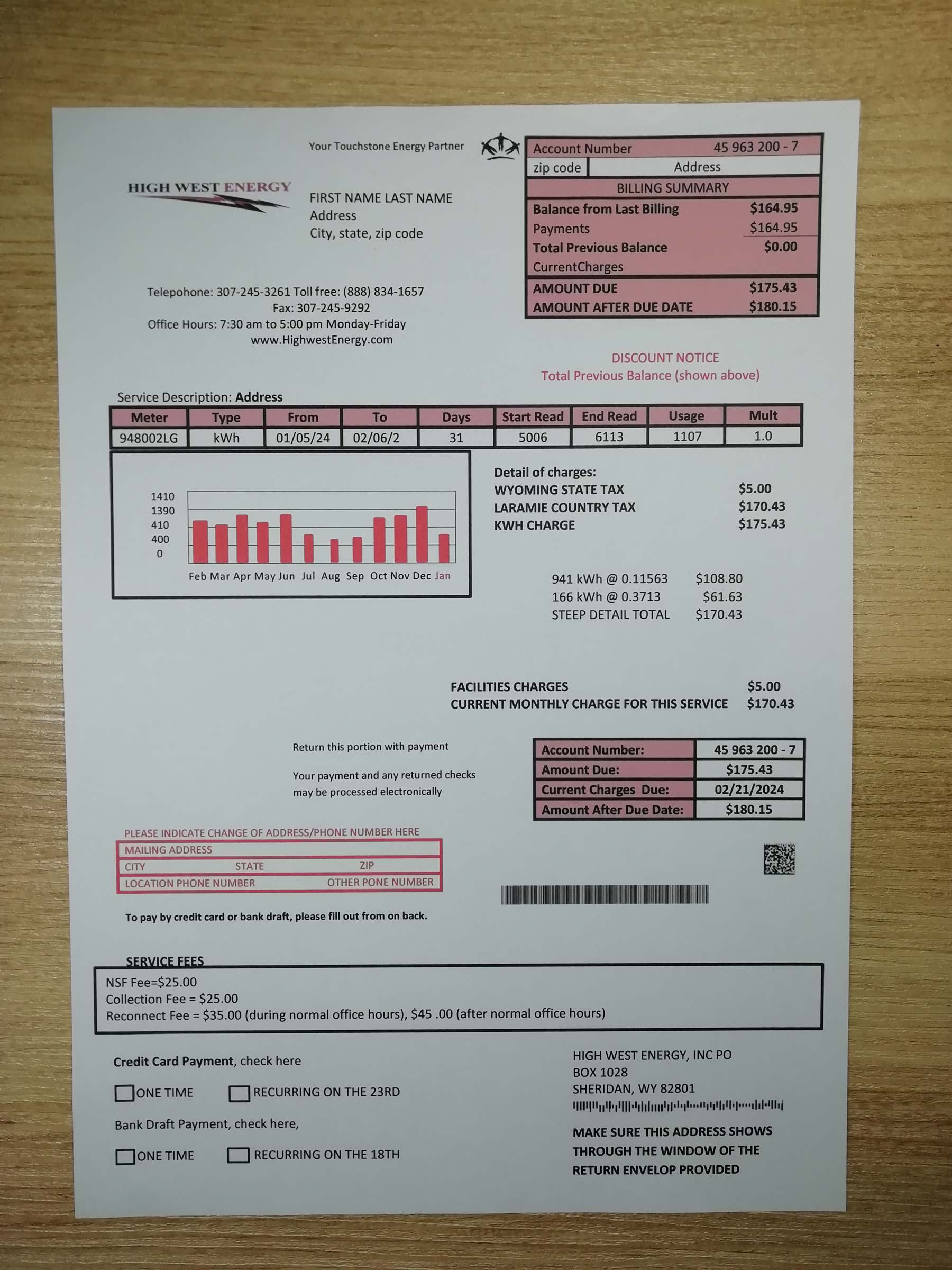 High West Energy bill printed and photographed – address proof from Wyoming