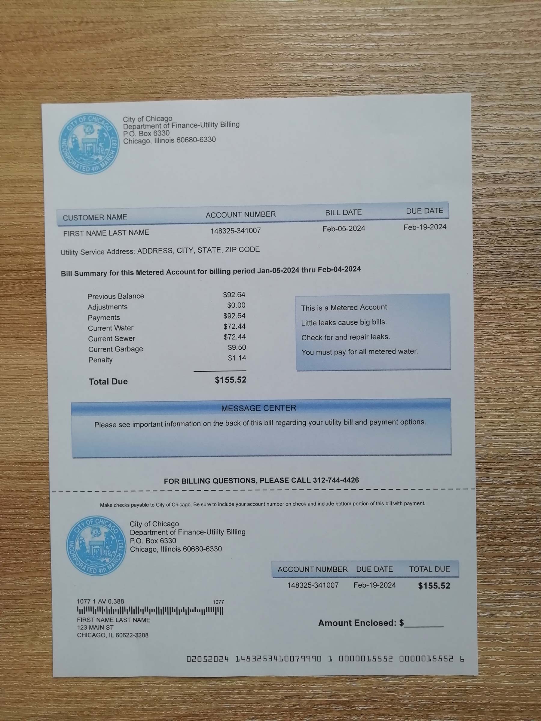 Illinois Chicago water sewer garbage {Provider} bill printed and photographed – address proof from {State}