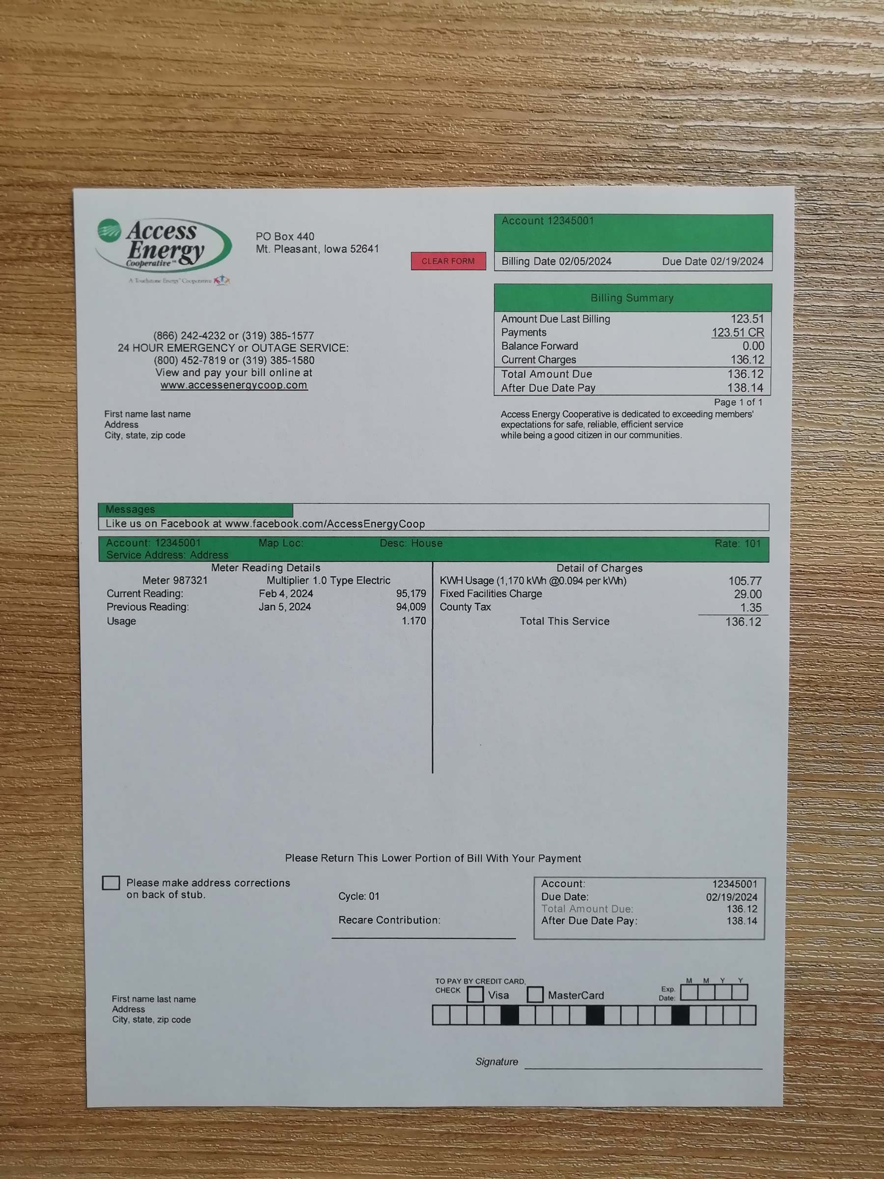 USA Iowa Access Energy Cooperative Real photo of {State} {Provider} bill – physical evidence for residence