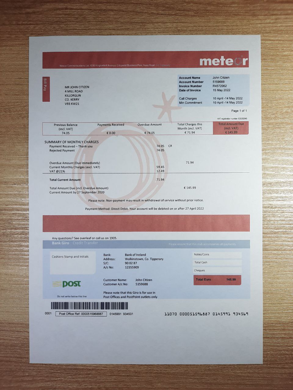Ireland Meteor utility bill template