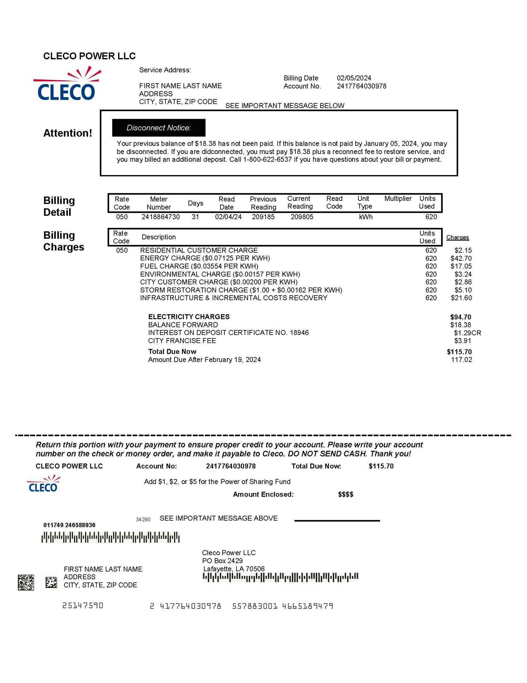 Louisiana Clean layout of {Provider} {utility type} bill – editable {State} version