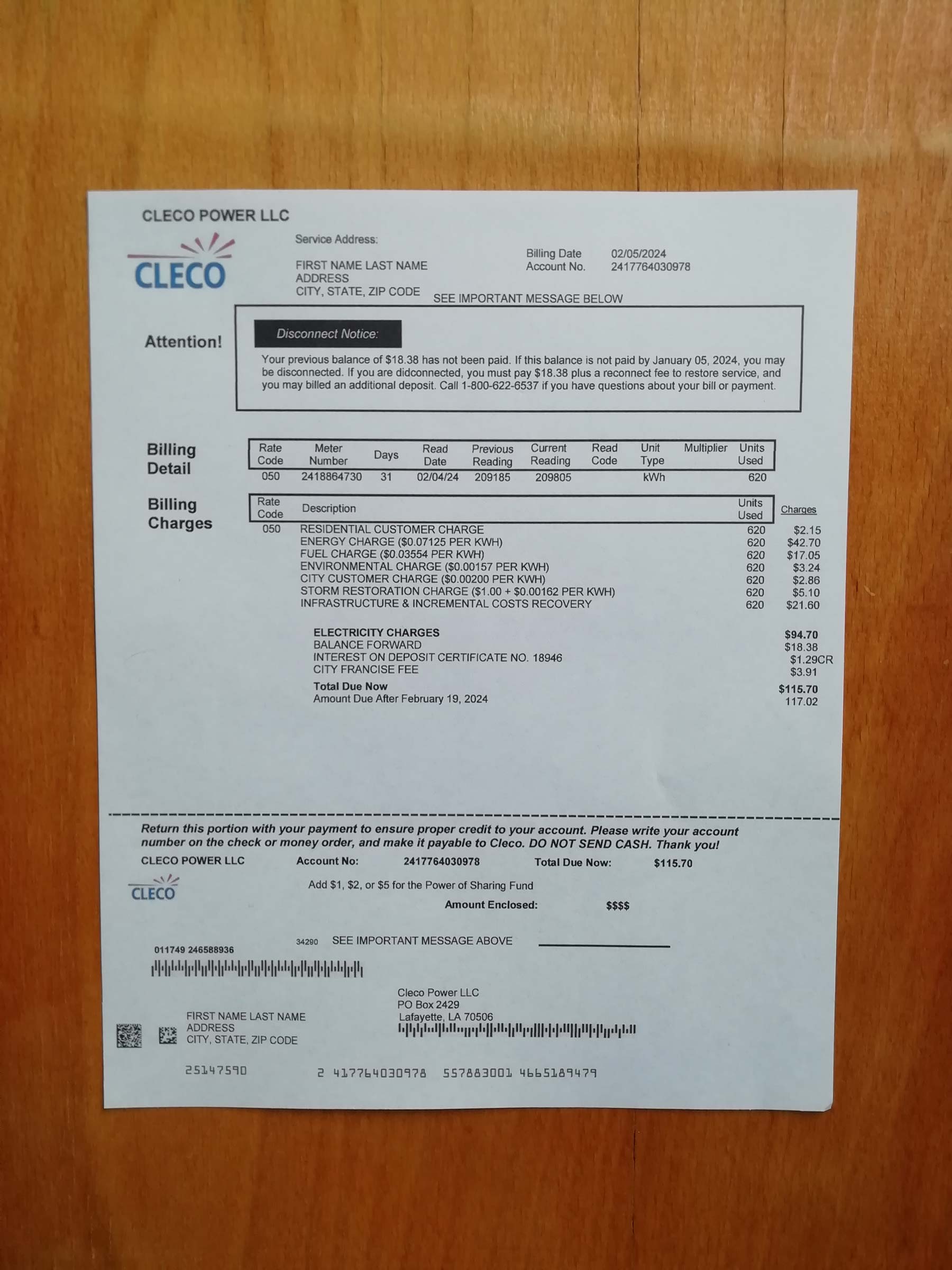 Visual example of printed {Provider} utility bill in {State}
