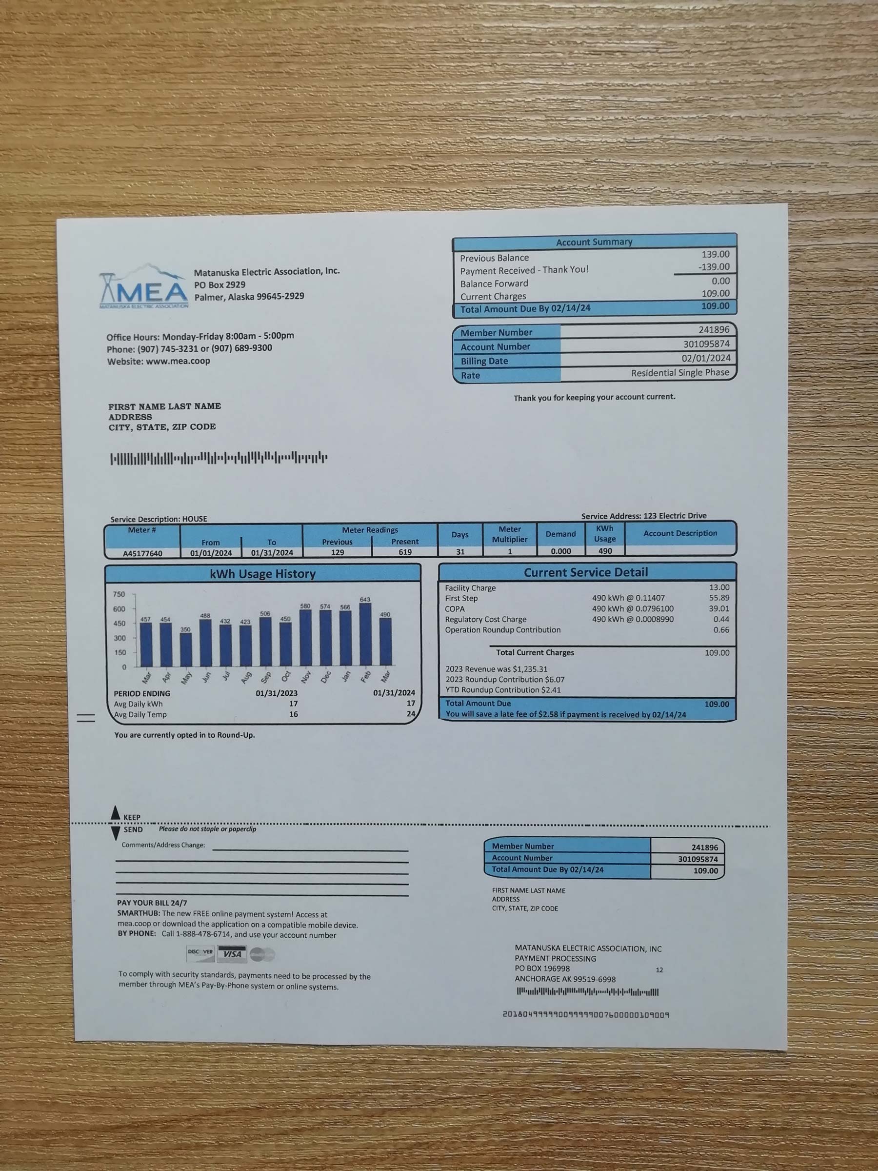 MEA Alaska electricity Authentic printed {Provider} bill from {State} – proof of address example