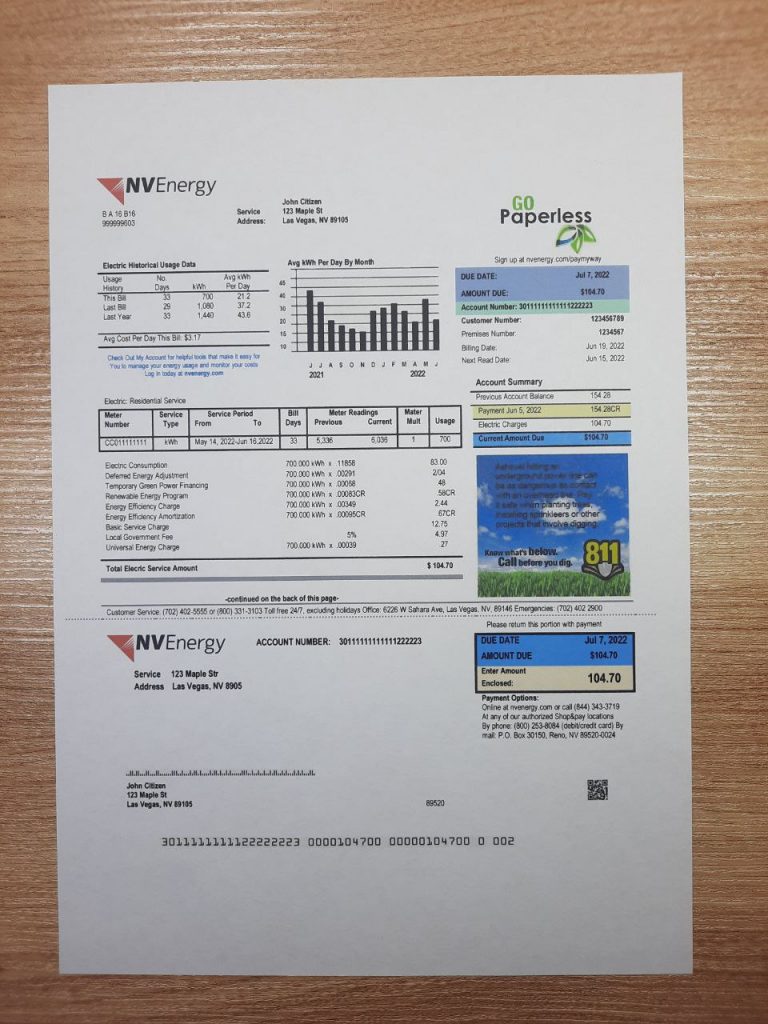 NV Energy utility bill template