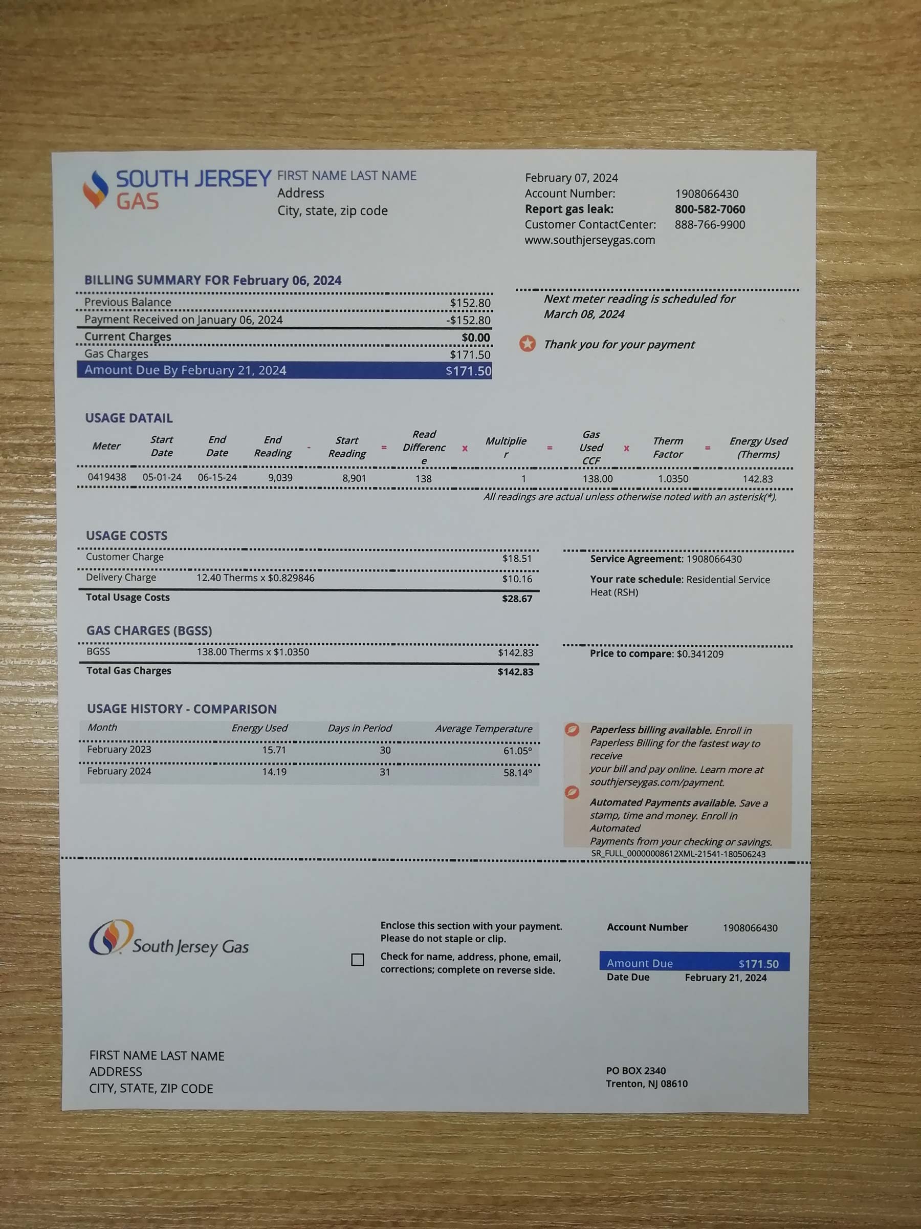 New Jersey Gas Visual example of printed {Provider} utility bill in {State}