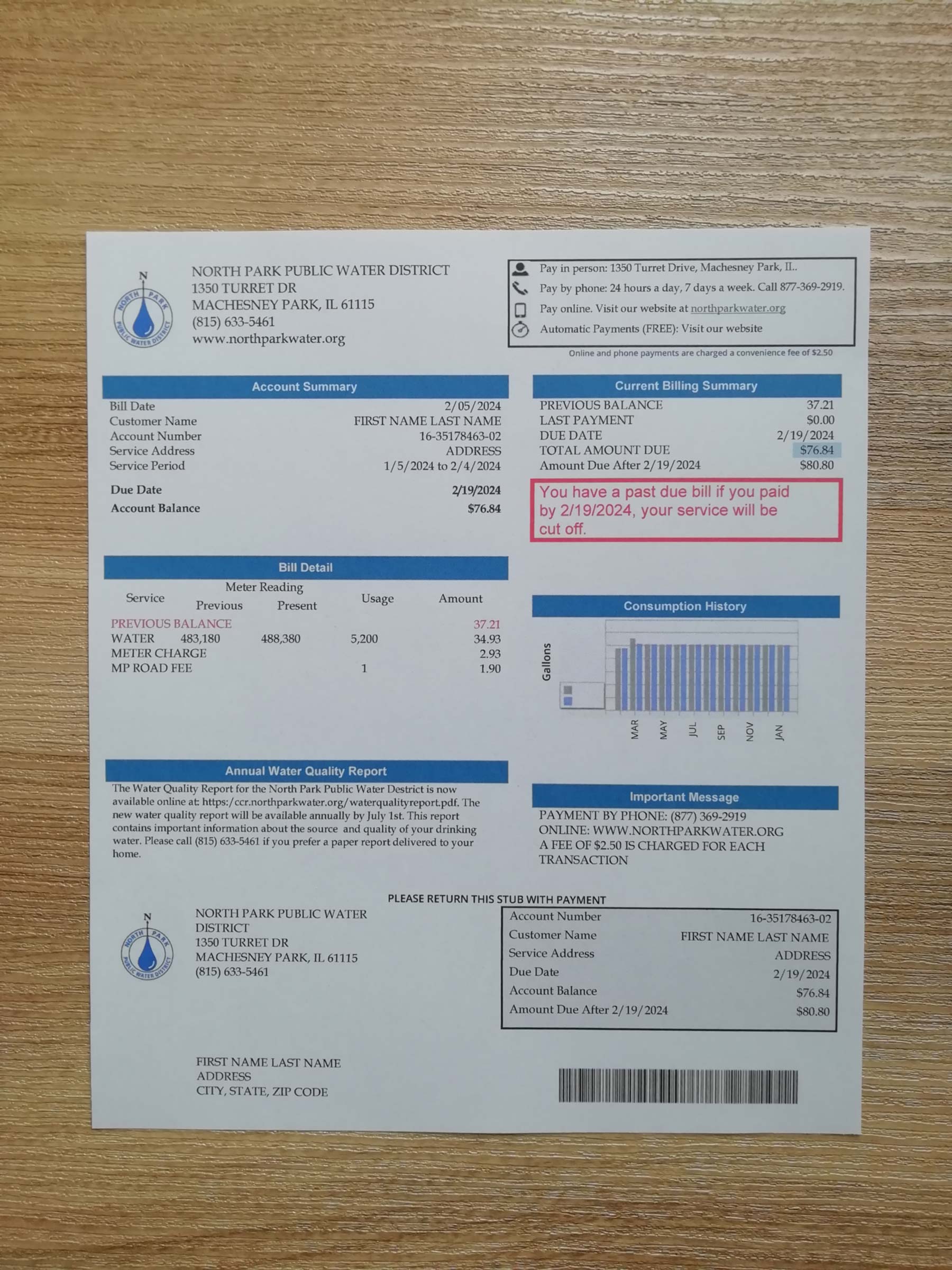 Visual example of printed {Provider} utility bill in {State}
