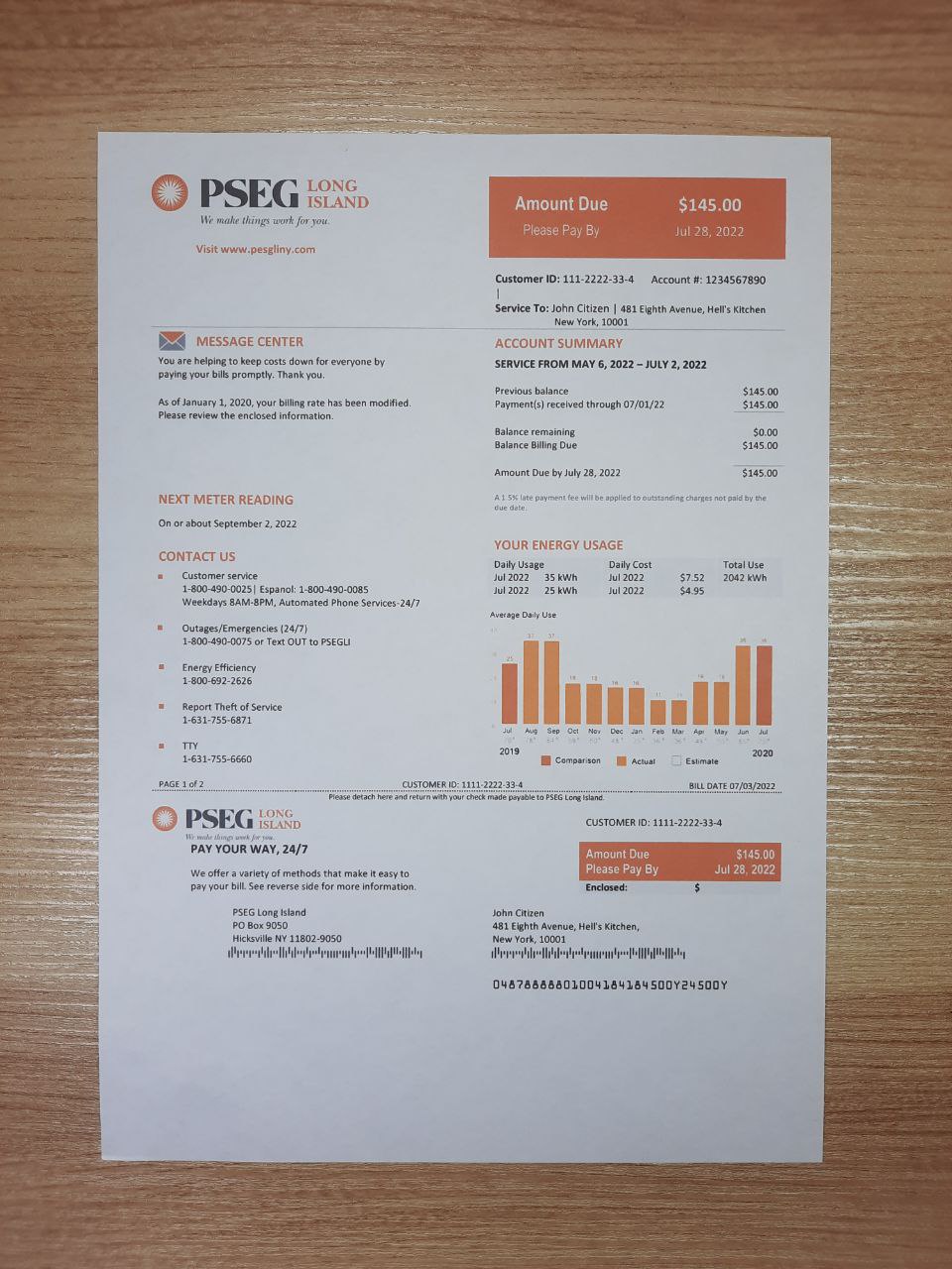 PSEG electricity utility bill