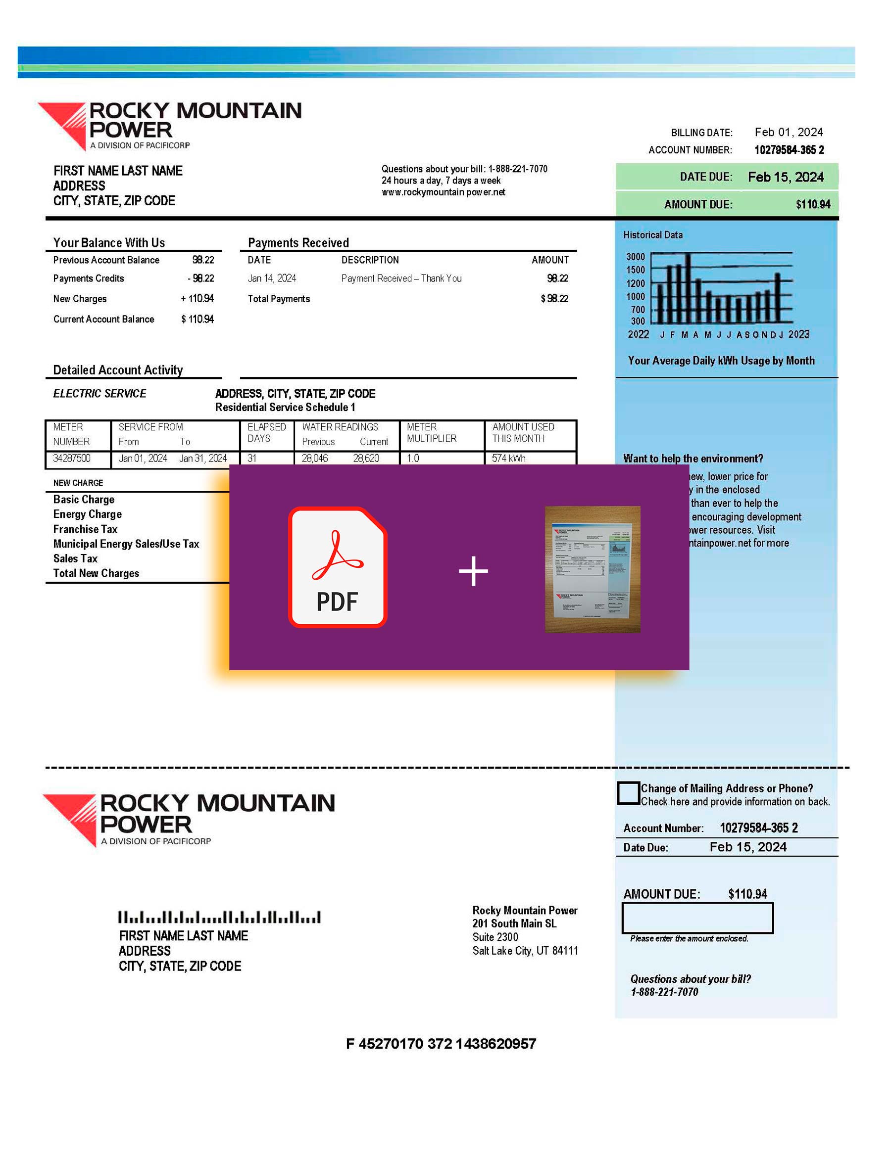 Downloadable {utility type} bill from Rocky Mountain Power, Utah – banner included