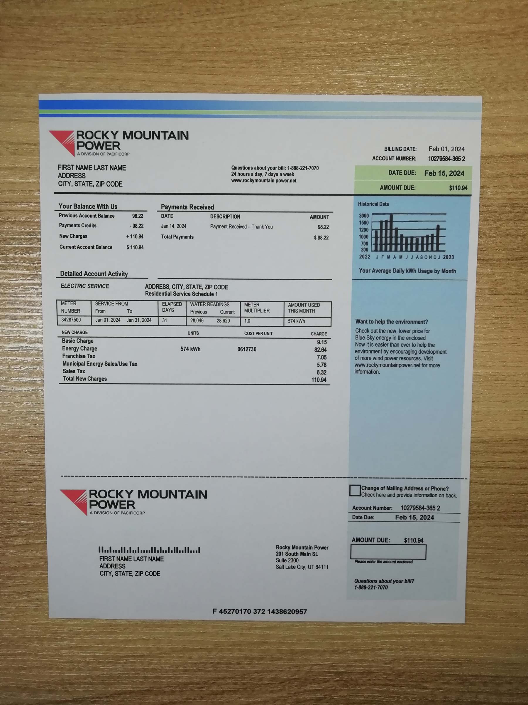Authentic printed Rocky Mountain Power bill from Utah – proof of address example
