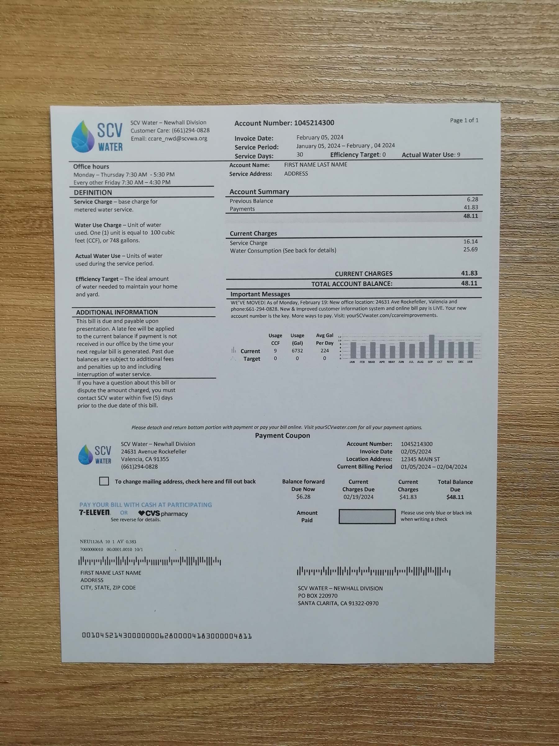 California SCV Water Visual example of printed {Provider} utility bill in {State}