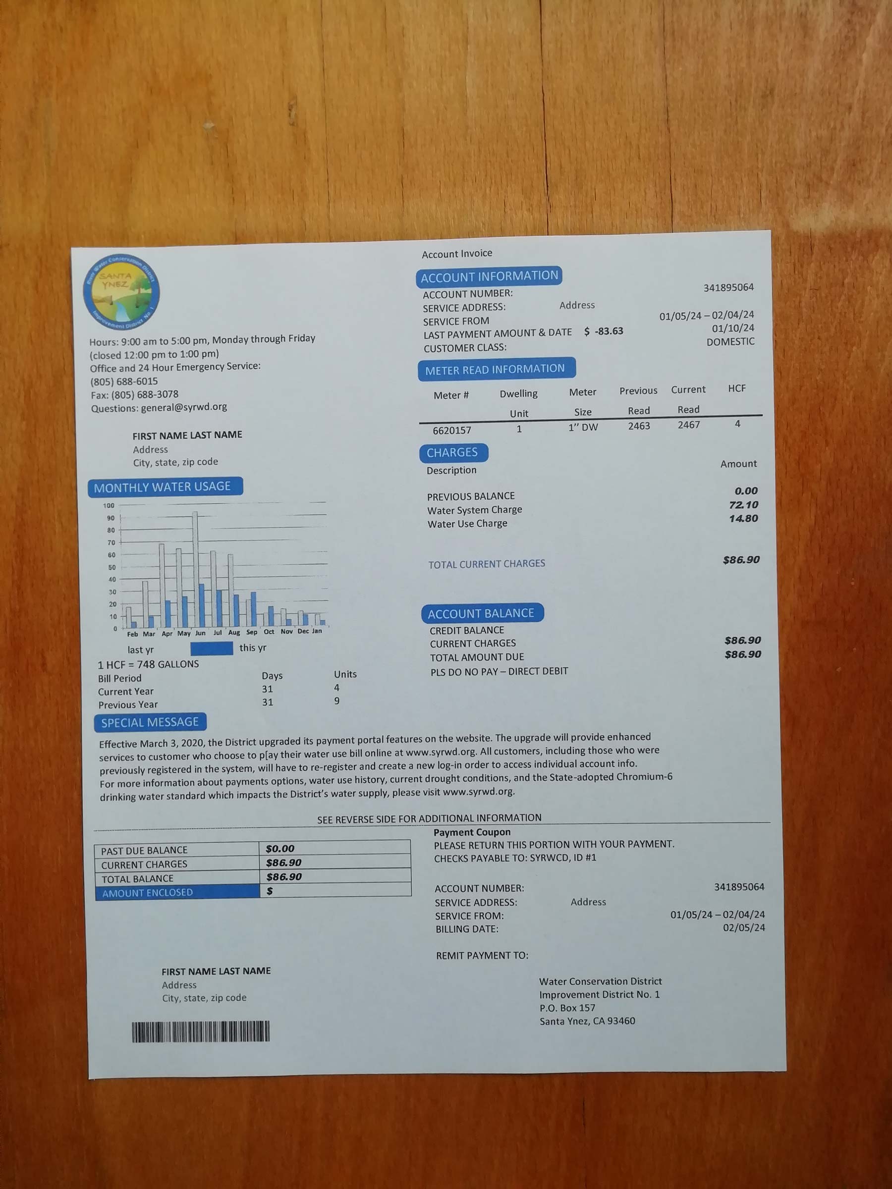 California Santa Ynez water {Provider} bill printed and photographed – address proof from {State}