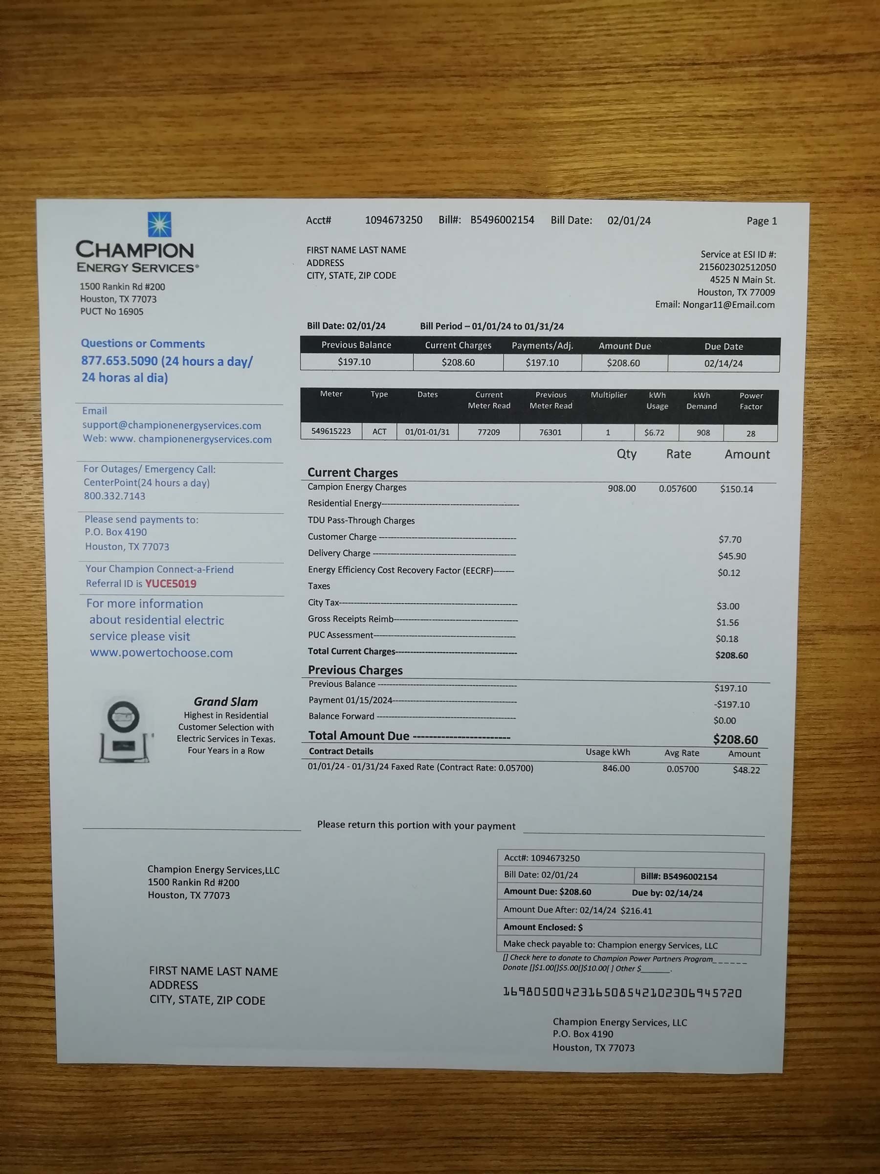 Real photo of {State} Champion Energy Services bill – physical evidence for residence