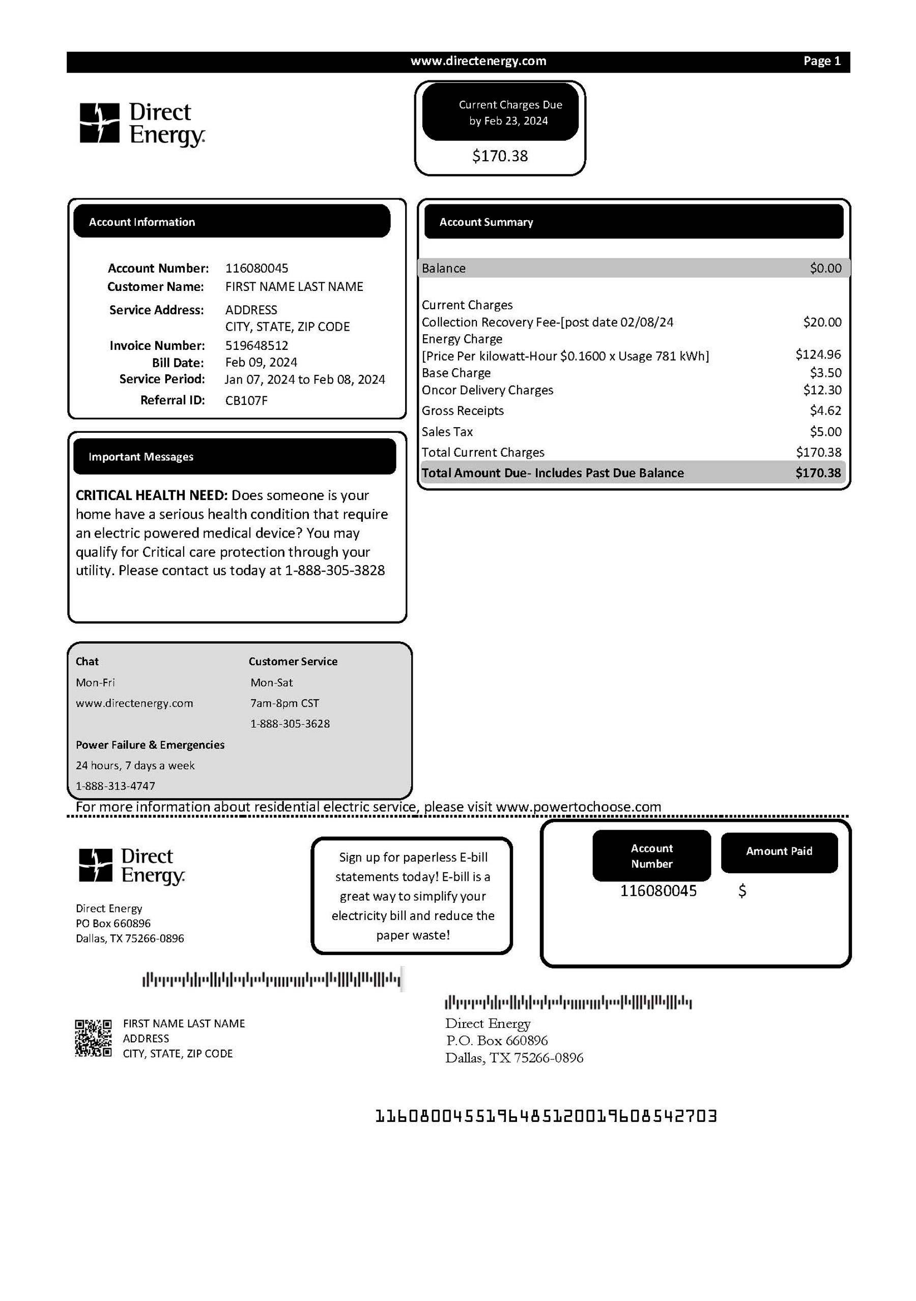 Editable {utility type} bill template – {State} Direct Energy sample in PDF