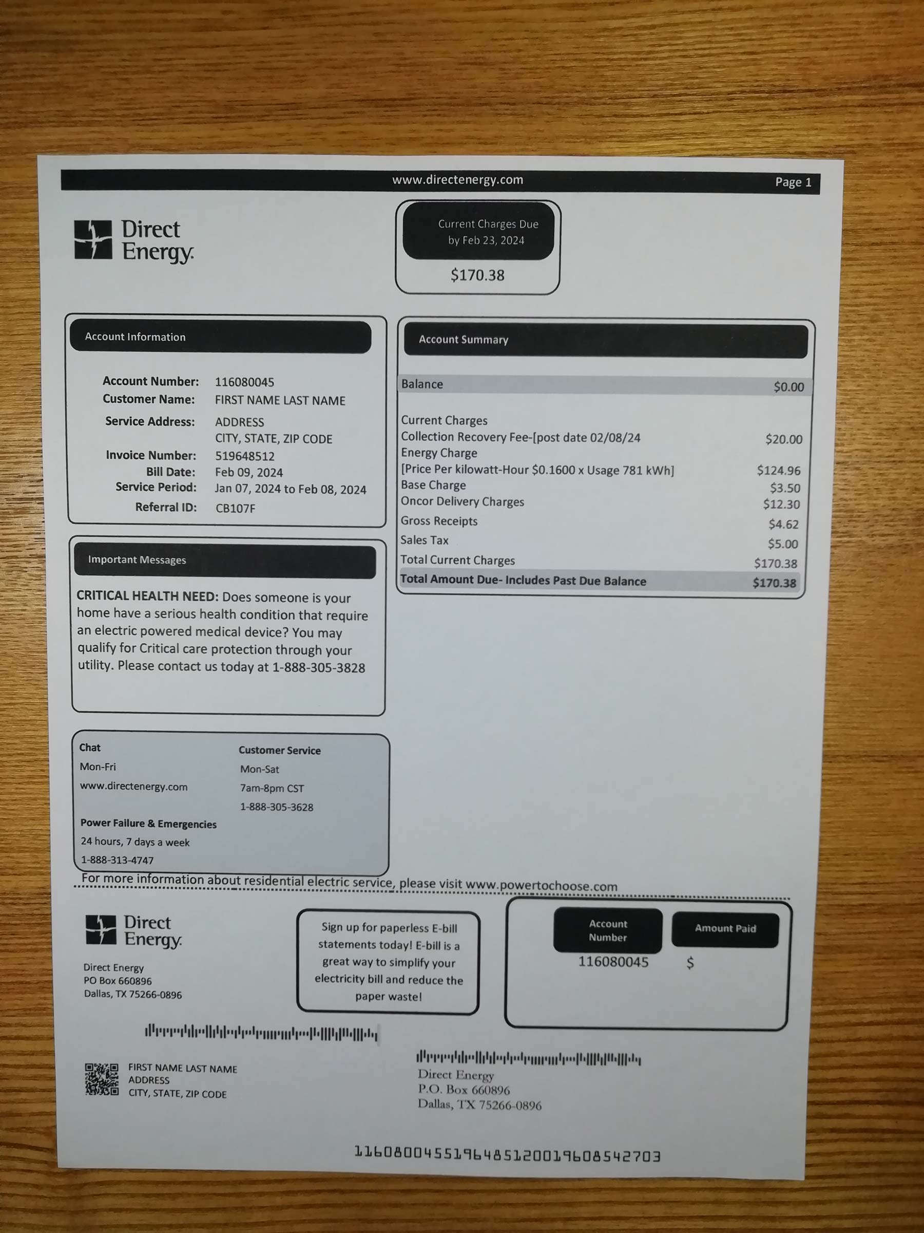 Printed {State} Direct Energy utility bill – real photo for document verification