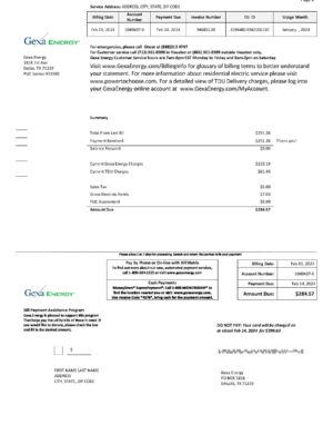Editable {utility type} bill template – {State} Gexa Energy sample in PDF