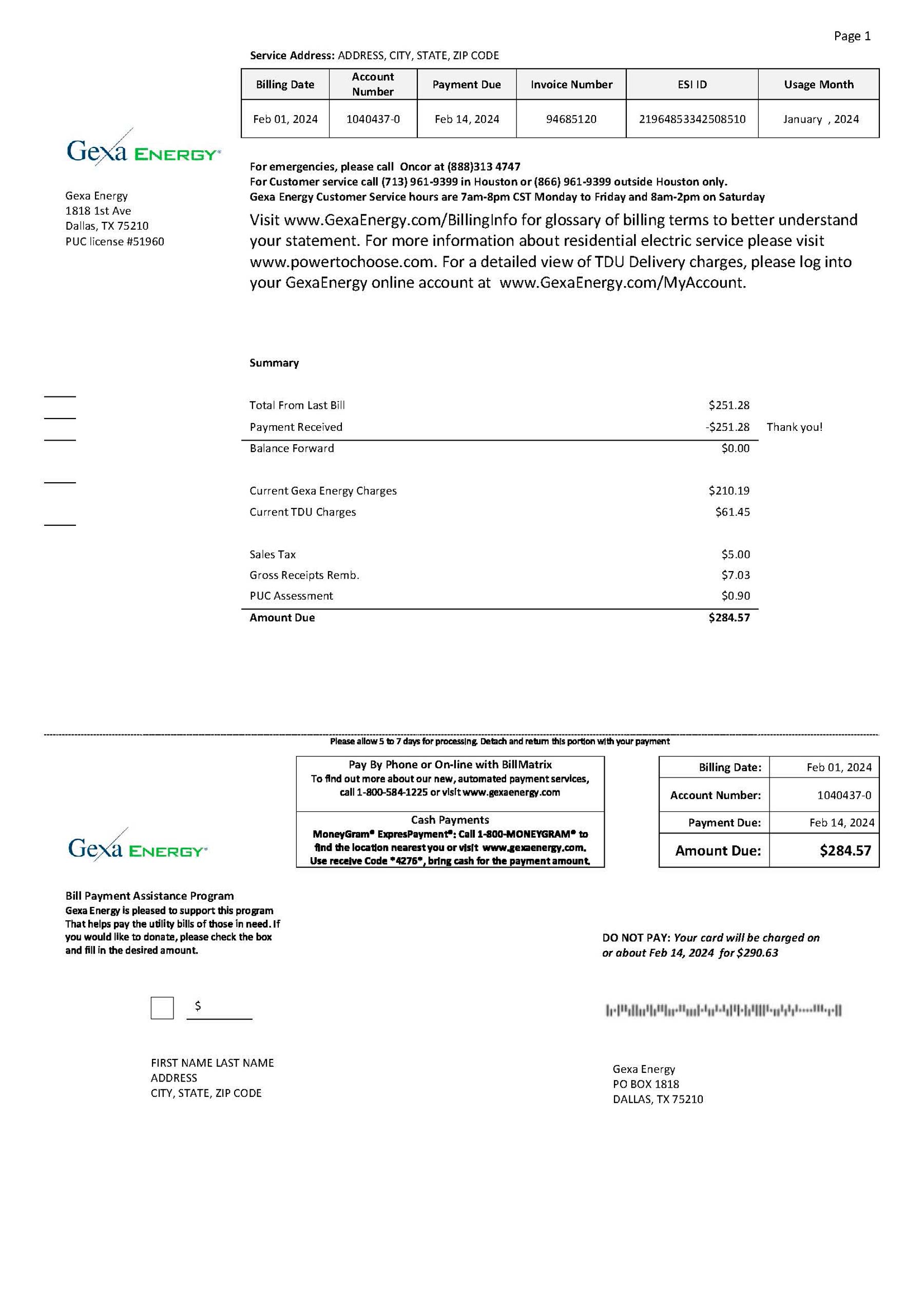 Editable {utility type} bill template – {State} Gexa Energy sample in PDF
