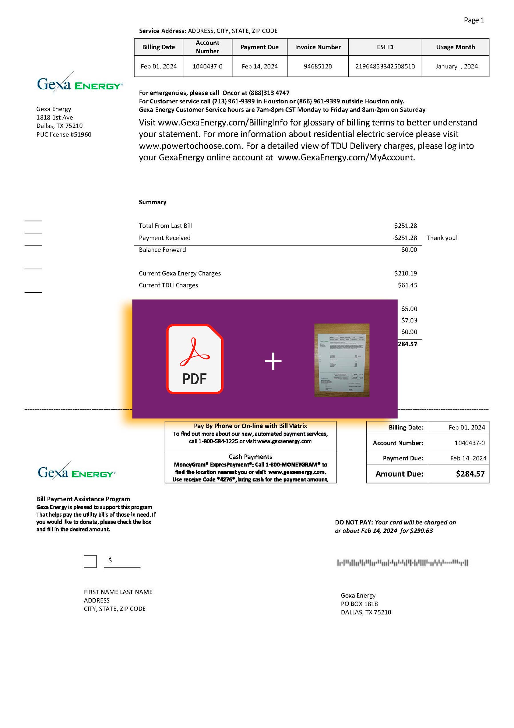 {State} Gexa Energy bill template – includes authenticity banner