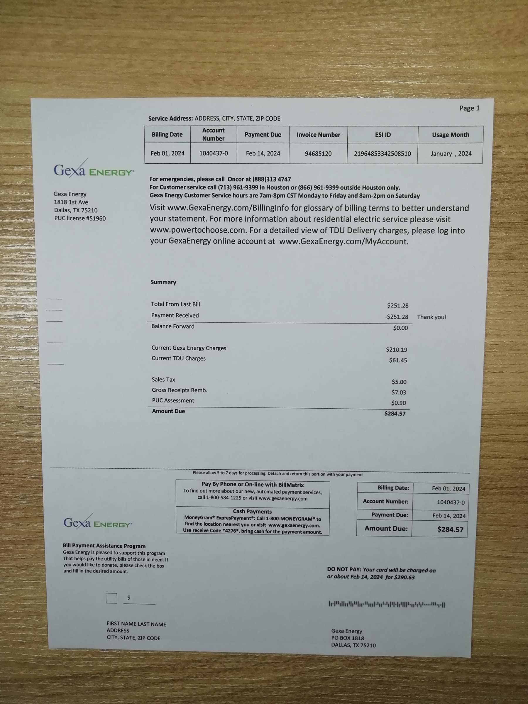 Gexa Energy bill printed and photographed – address proof from {State}