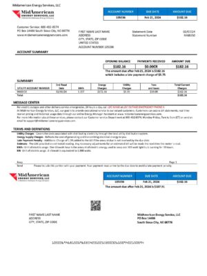 Services MidAmerican Energy {utility type} statement from {State} – modifiable PDF template
