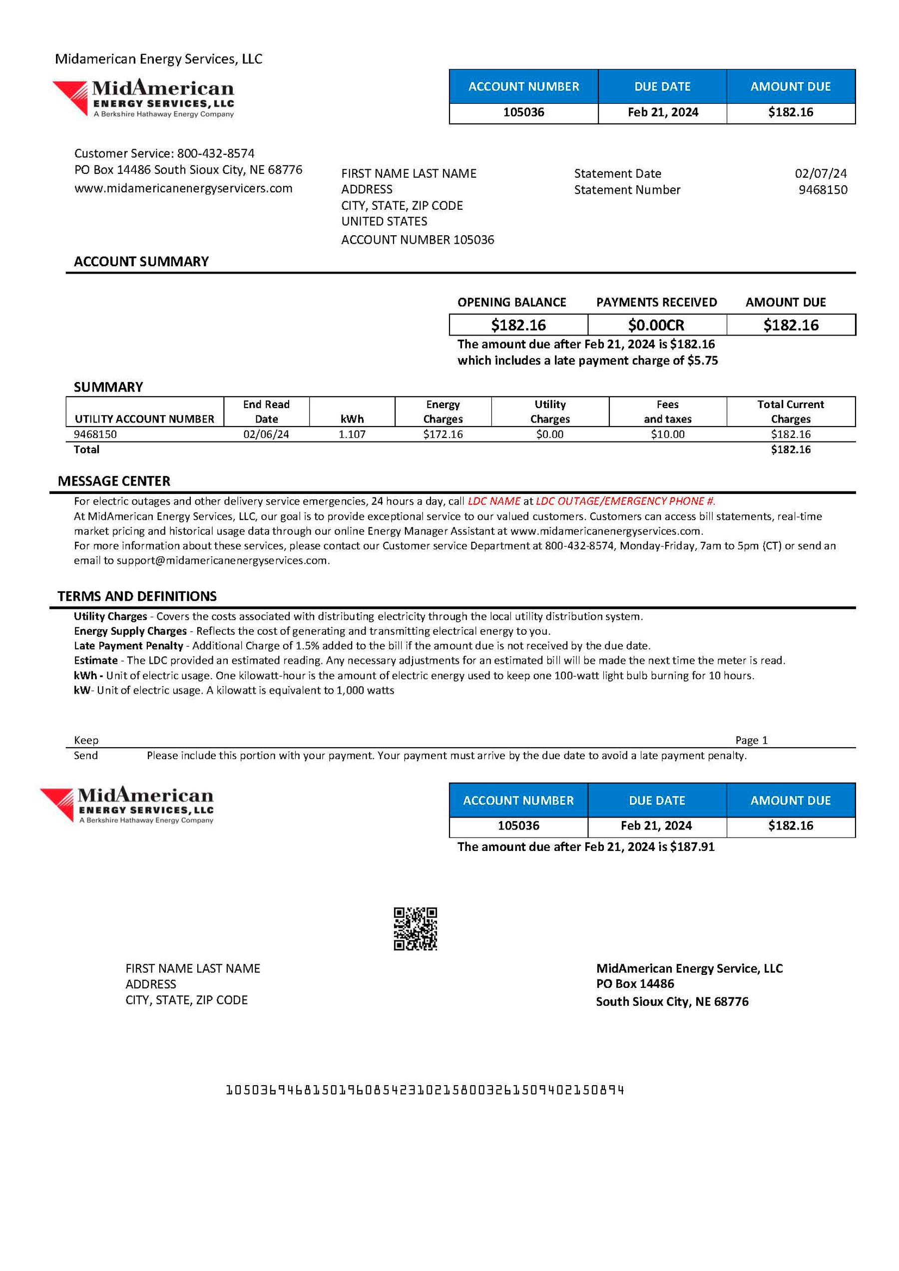 Services MidAmerican Energy {utility type} statement from {State} – modifiable PDF template