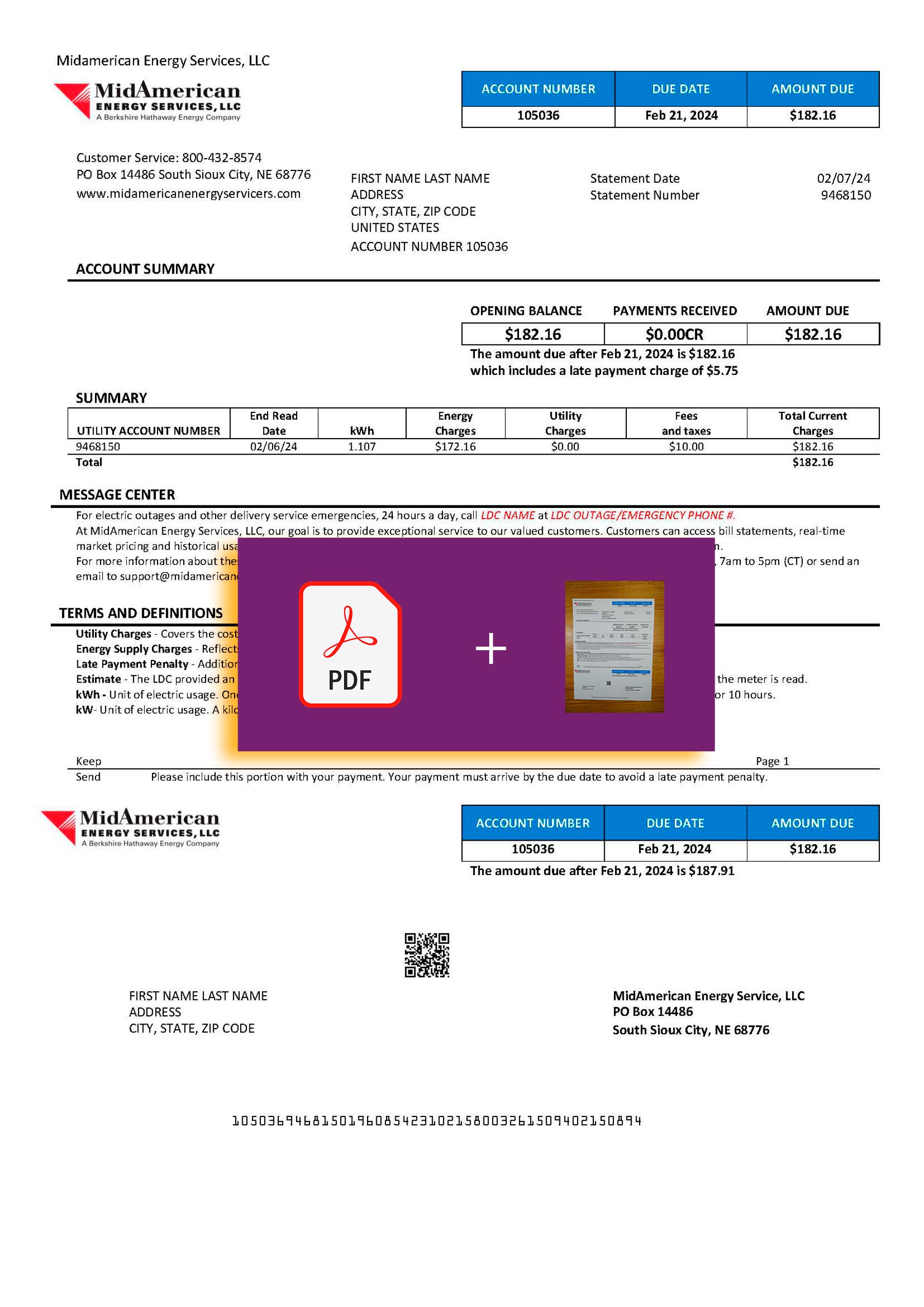 MidAmerican Energy Downloadable {utility type} bill from MidAmerican Energy, {State} – banner included