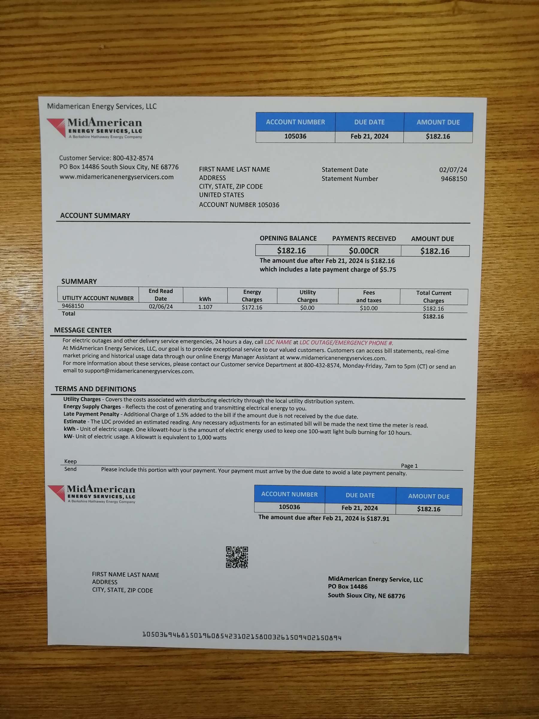 Authentic printed MidAmerican Energy bill from {State} – proof of address example