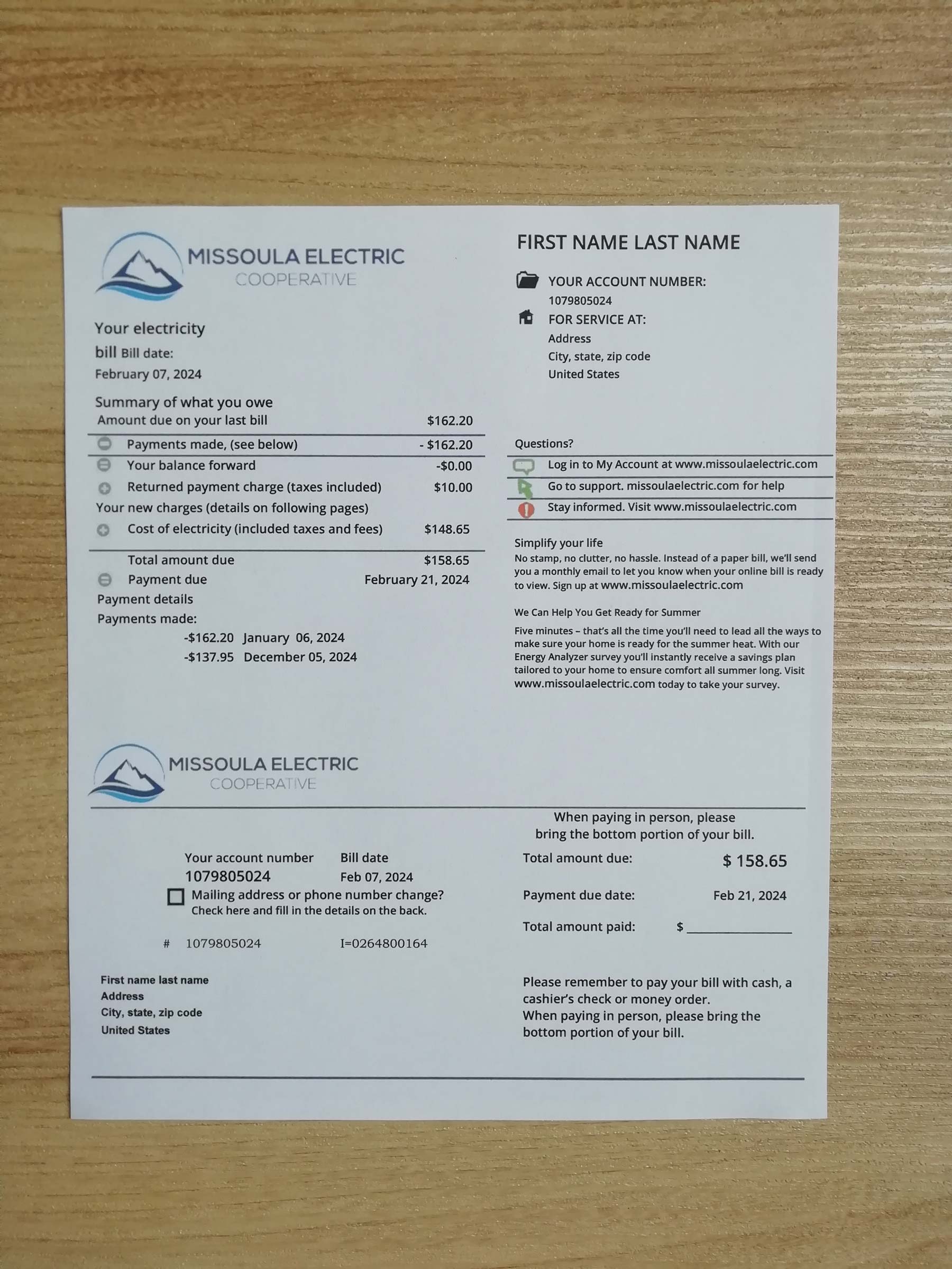 USA Montana Missoula Electric Cooperative Printed {State} {Provider} utility bill – real photo for document verification