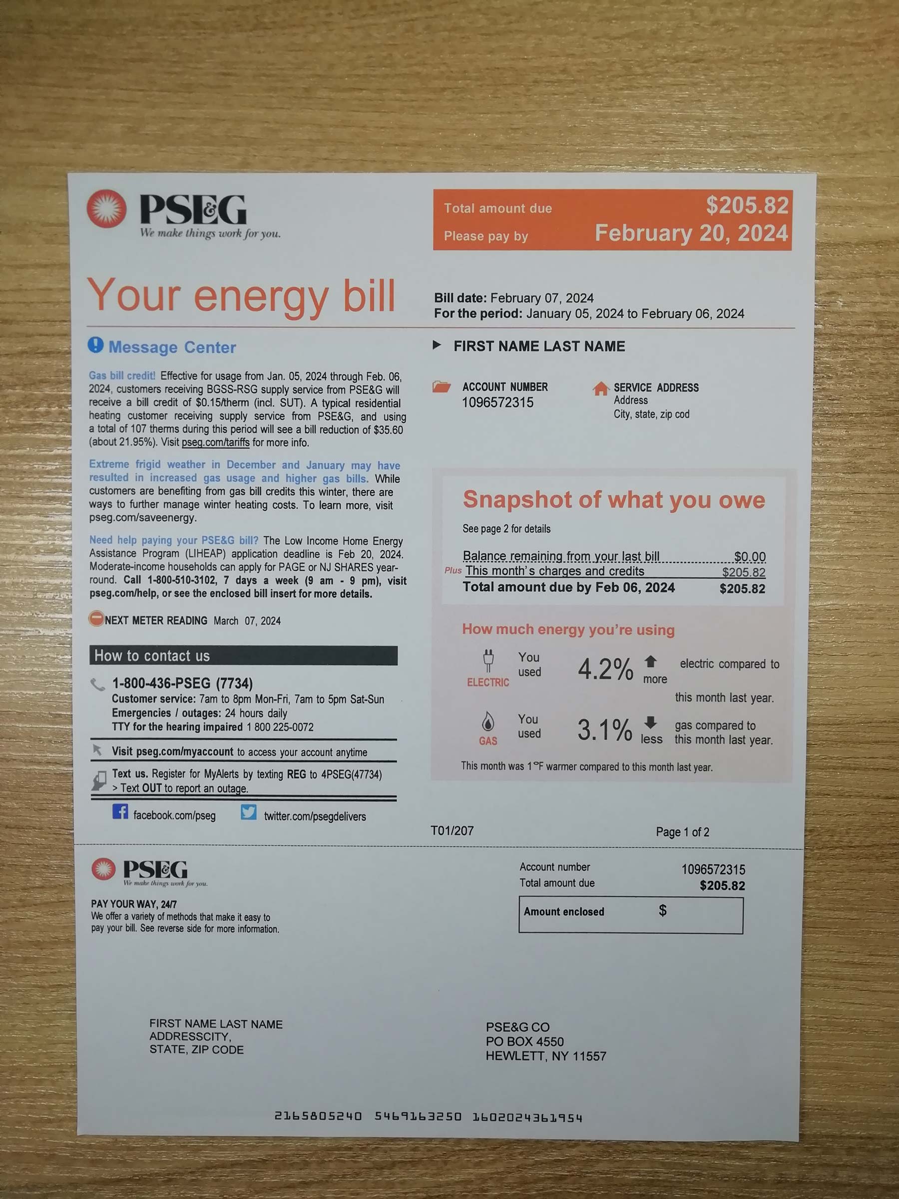 New York PSEG Visual example of printed {Provider} utility bill in {State}