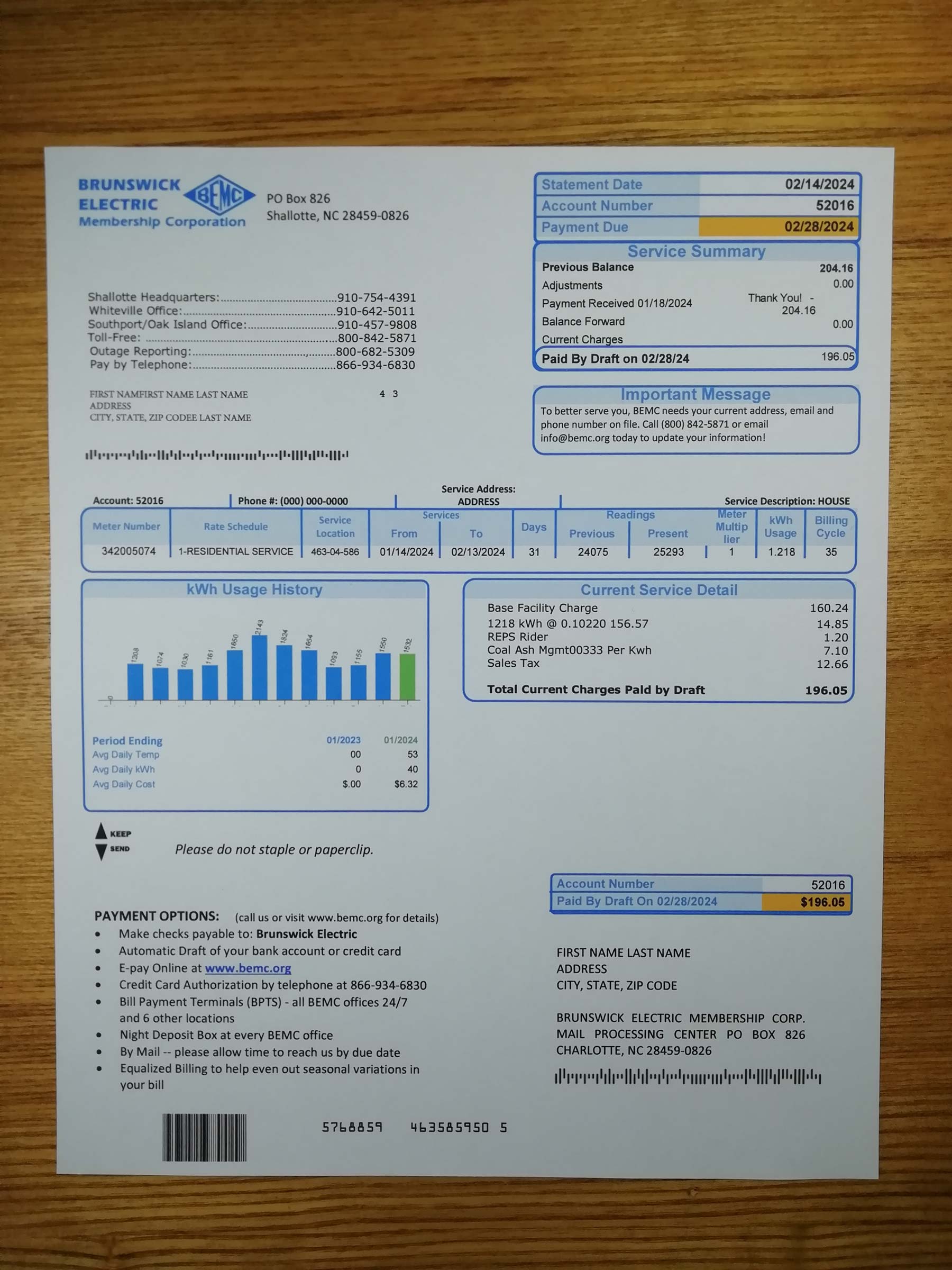 North Carolina Brunswick Electric Authentic printed {Provider} bill from {State} – proof of address example