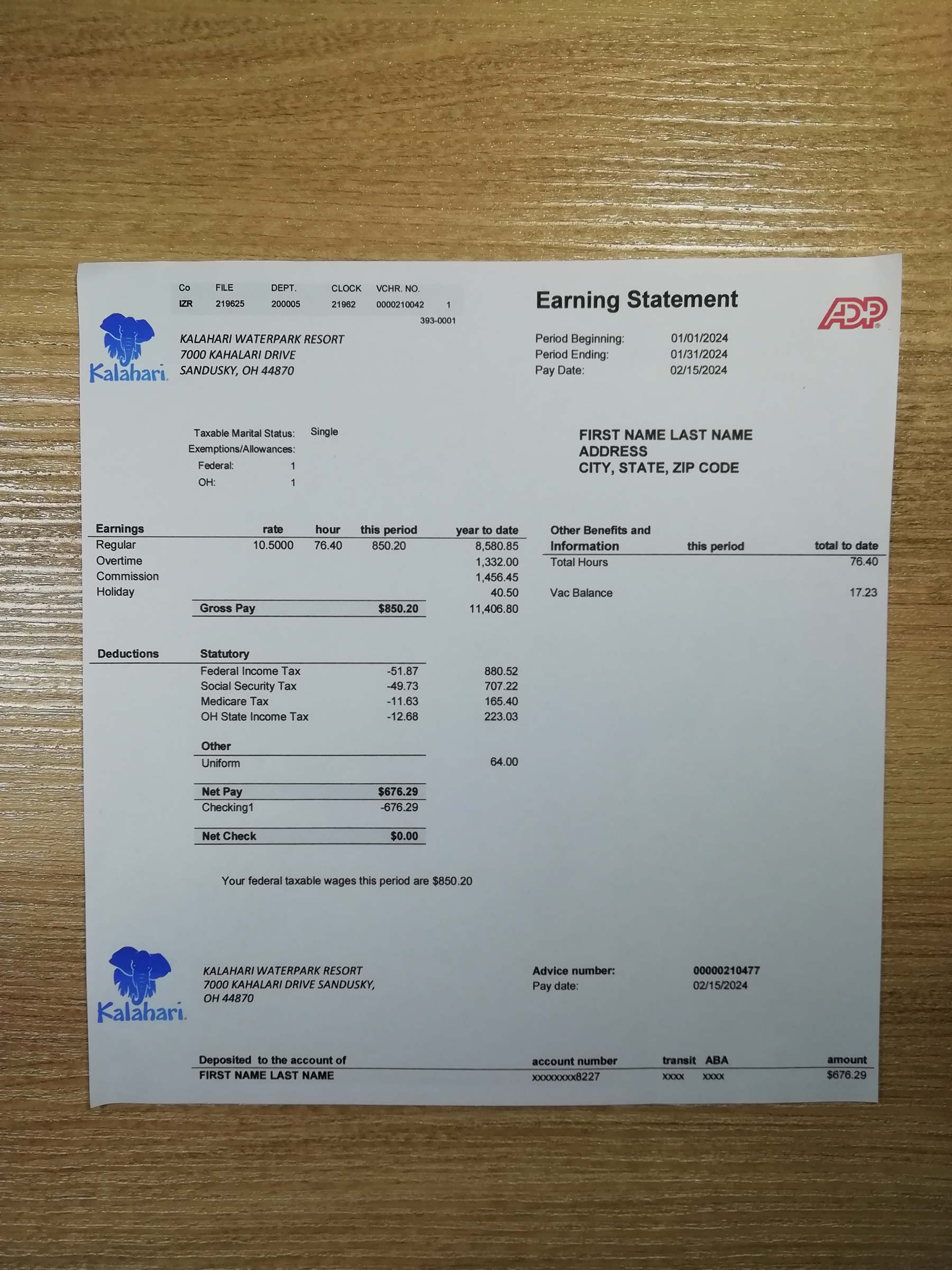 Kalahari Waterpark Resort Authentic printed {Provider} bill from {State} – proof of address example