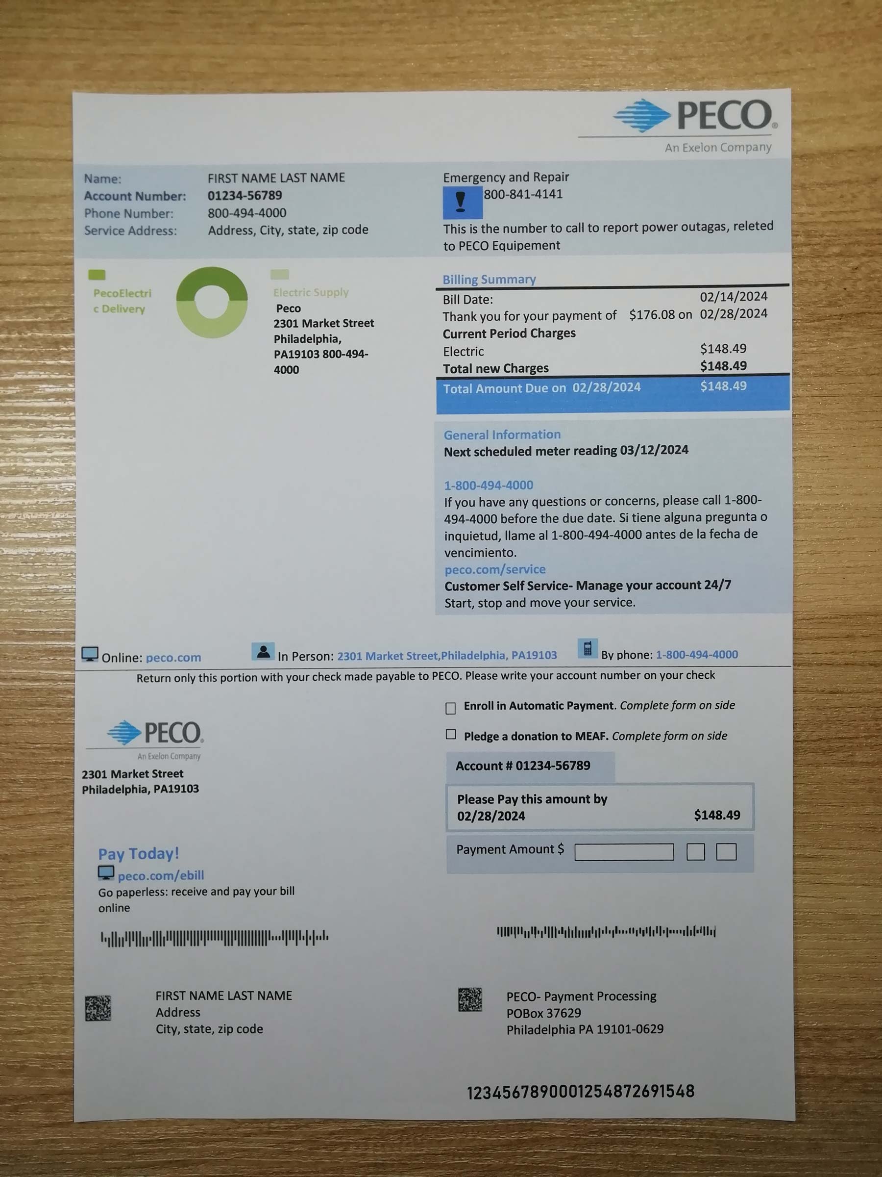 Visual example of printed PECO utility bill in Philadelphia