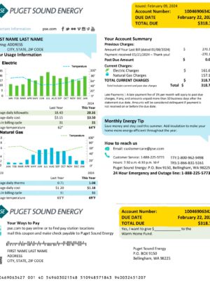 Editable {utility type} bill template – Washington Puget Sound Energy sample in PDF