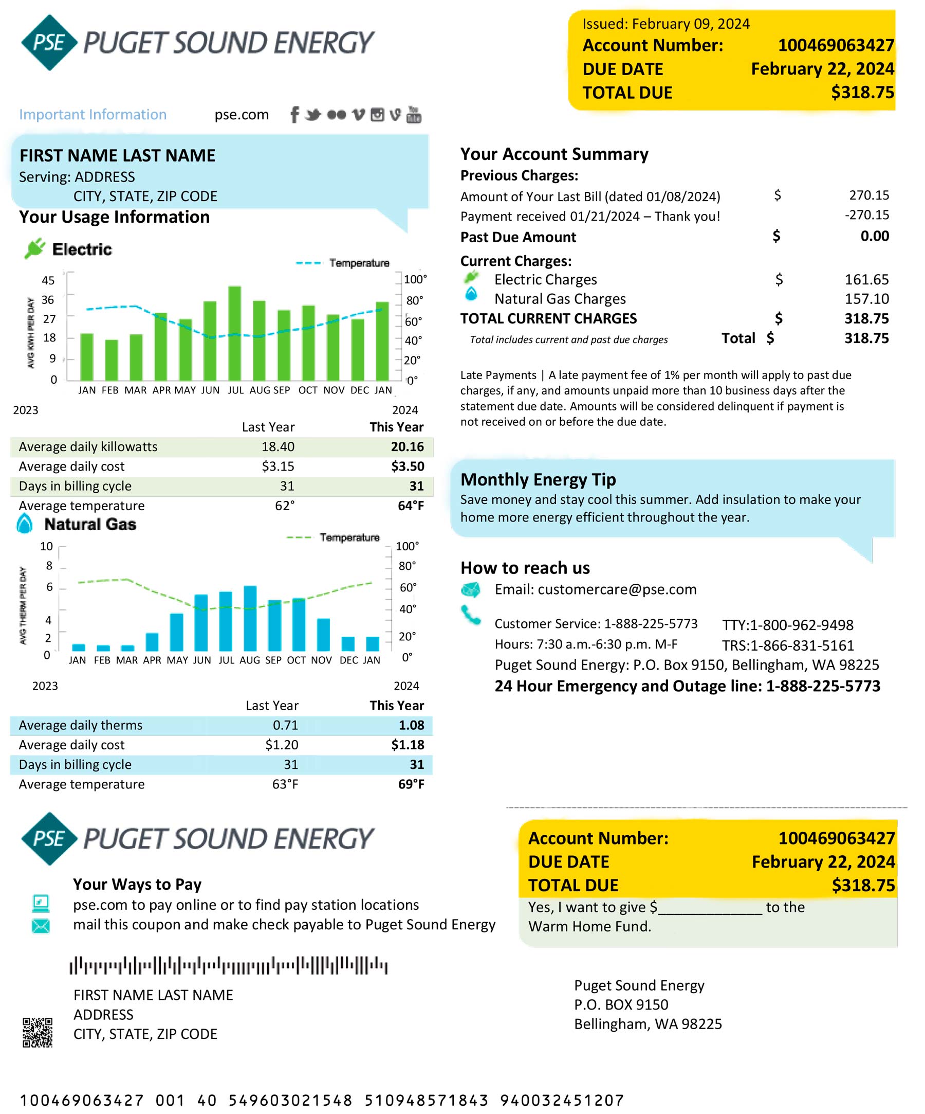 Editable {utility type} bill template – Washington Puget Sound Energy sample in PDF