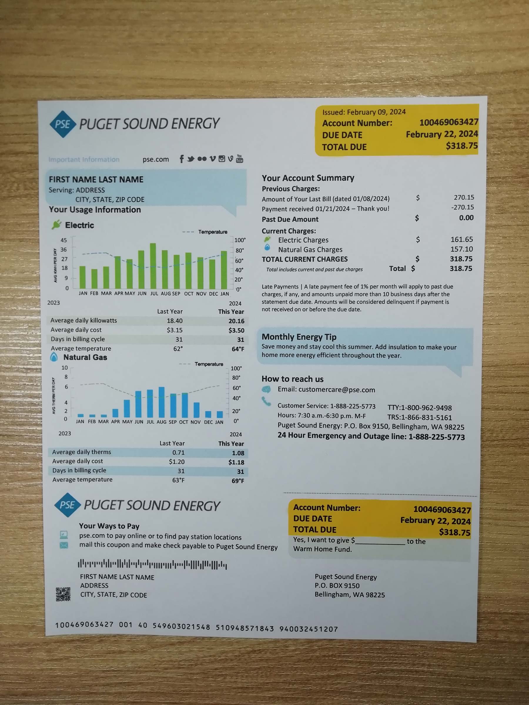 Printed Washington Puget Sound Energy utility bill – real photo for document verification