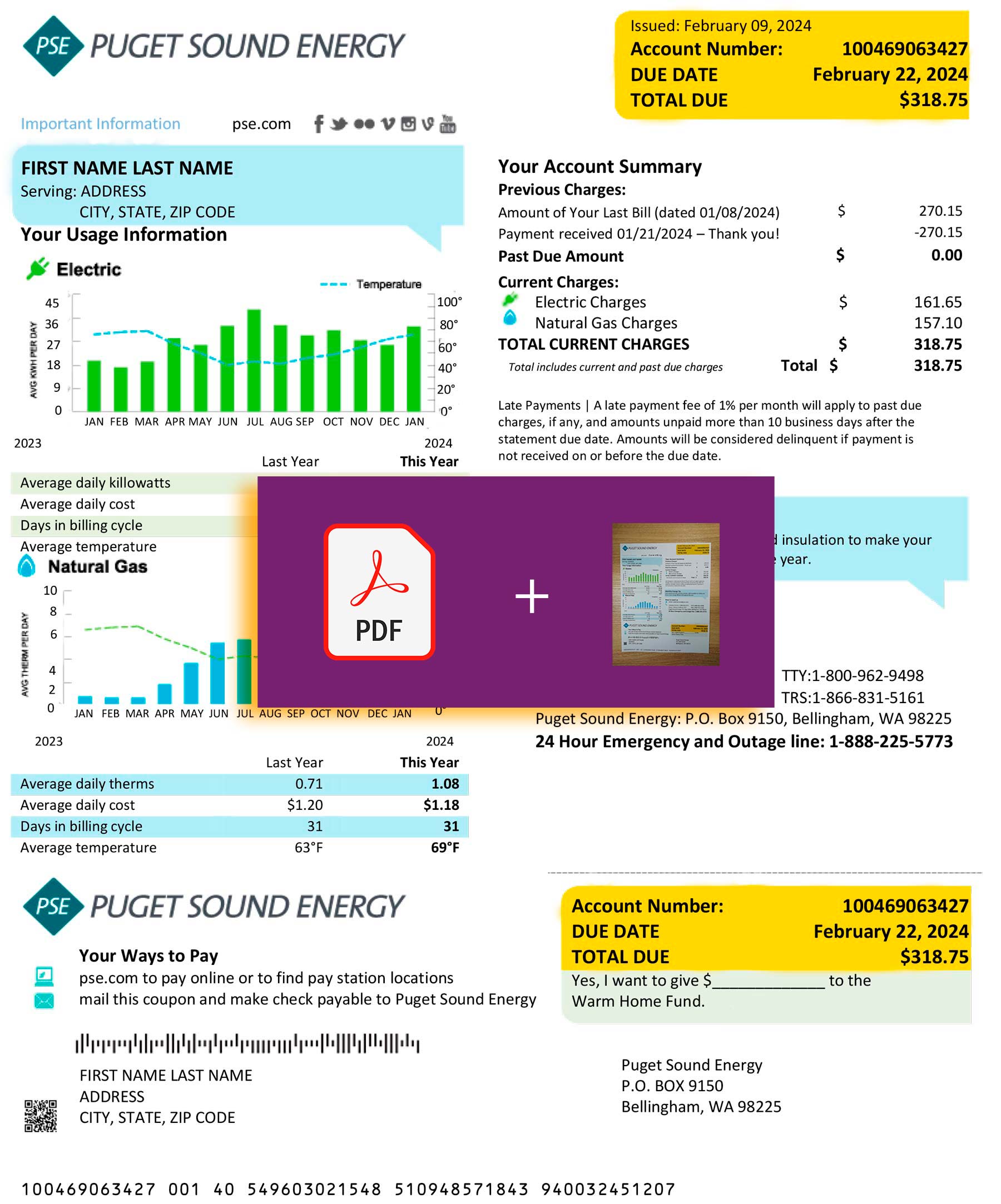 Washington Puget Sound Energy bill template – includes authenticity banner