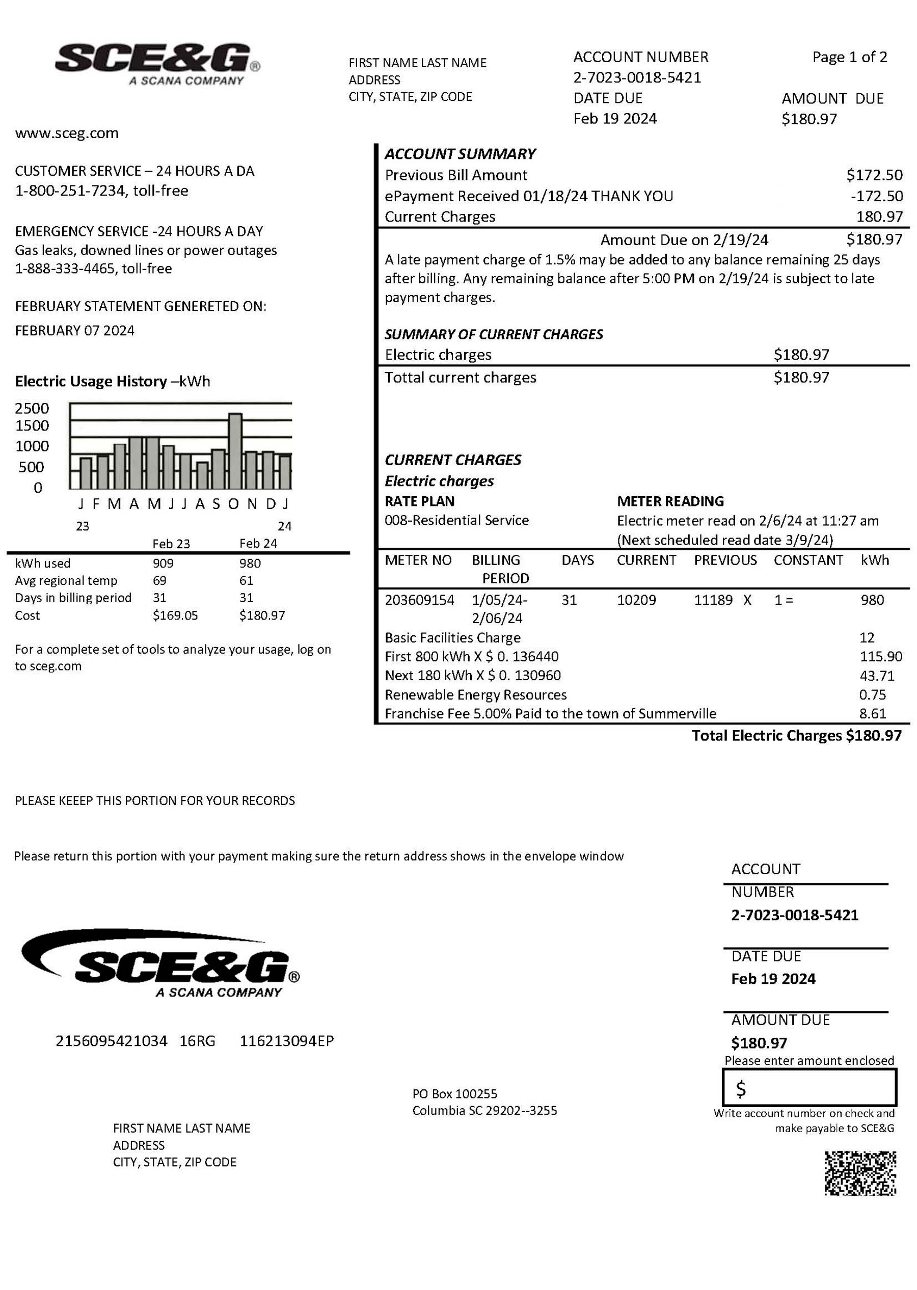 SCE&G Editable {utility type} bill template – {State} {Provider} sample in PDF