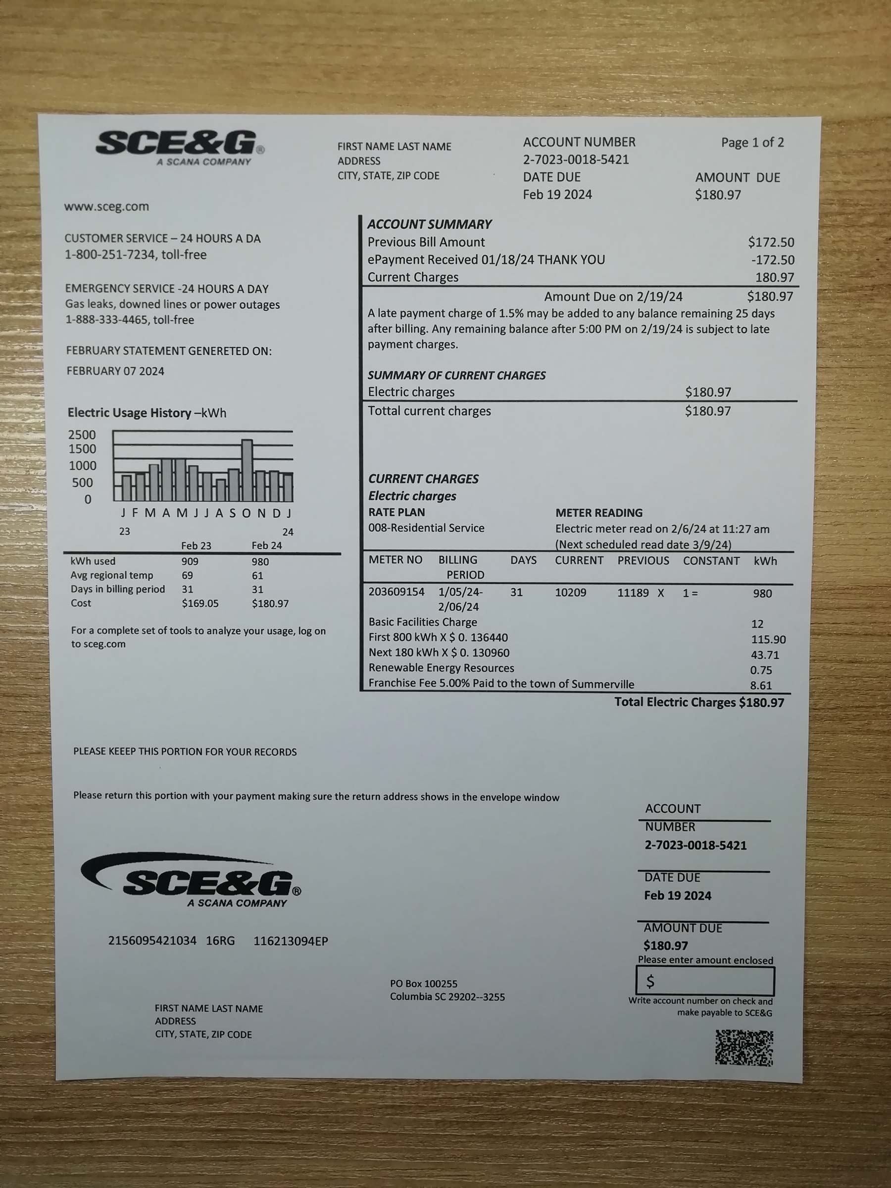 SCE&G electricity {Provider} bill printed and photographed – address proof from {State}