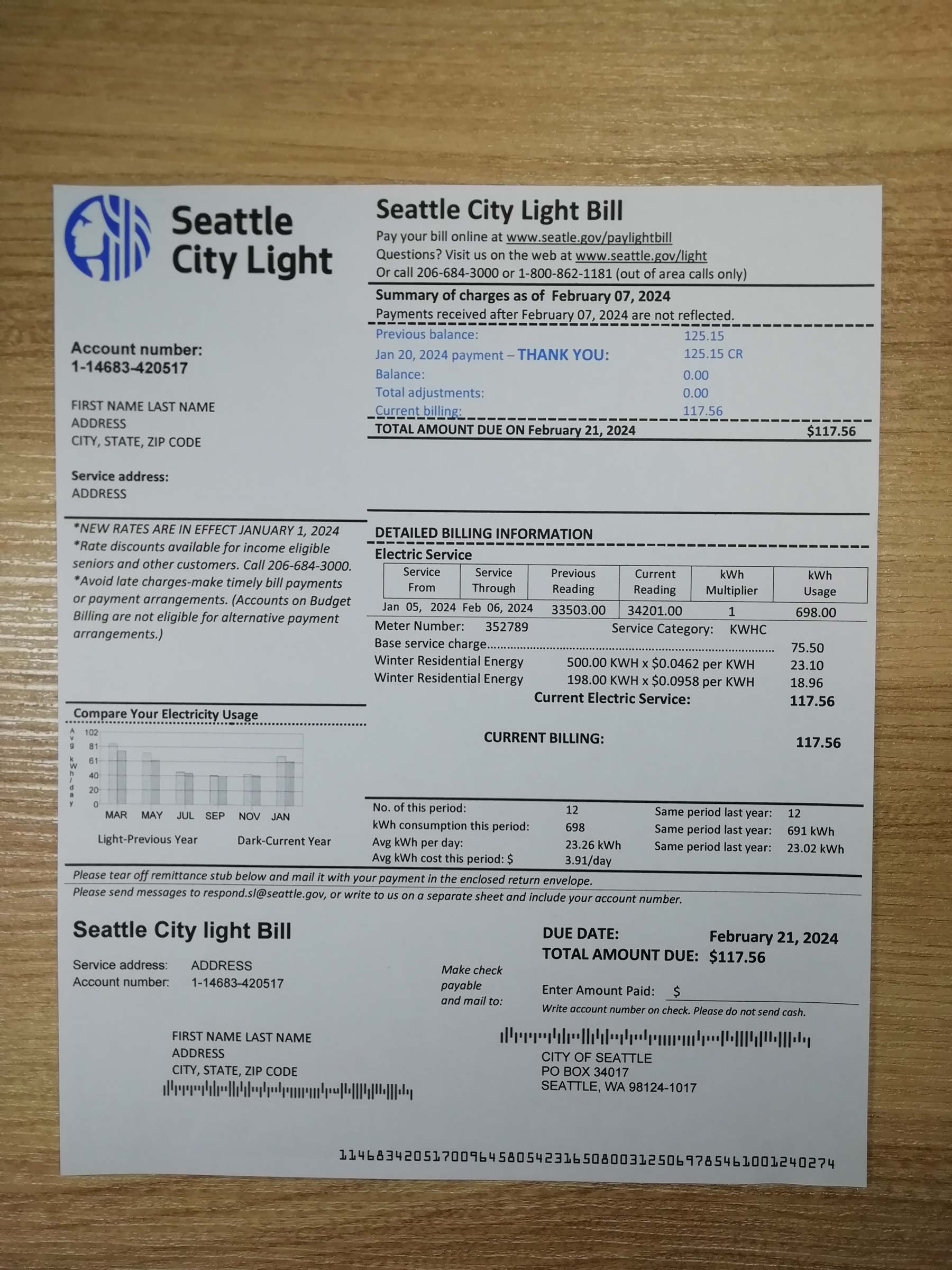 Light Visual example of printed Seattle City Light utility bill in {State}