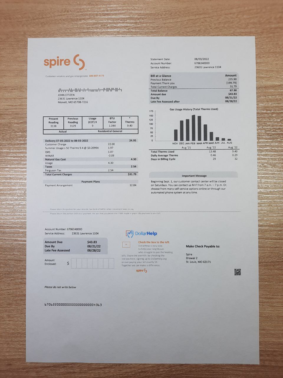 USA Spire gas utility bill